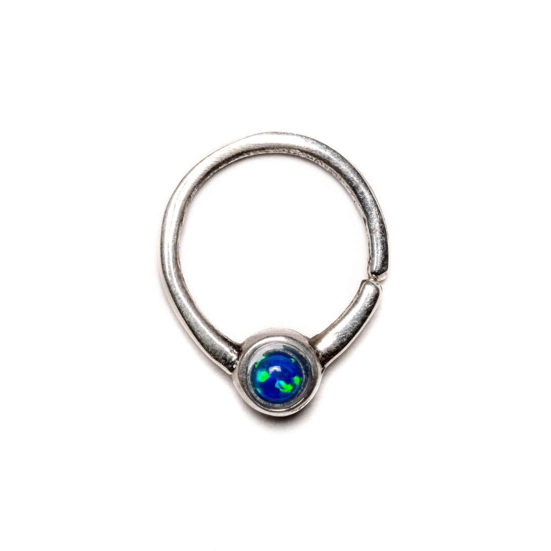 Devika silver septum ring with blue Opal frontal view