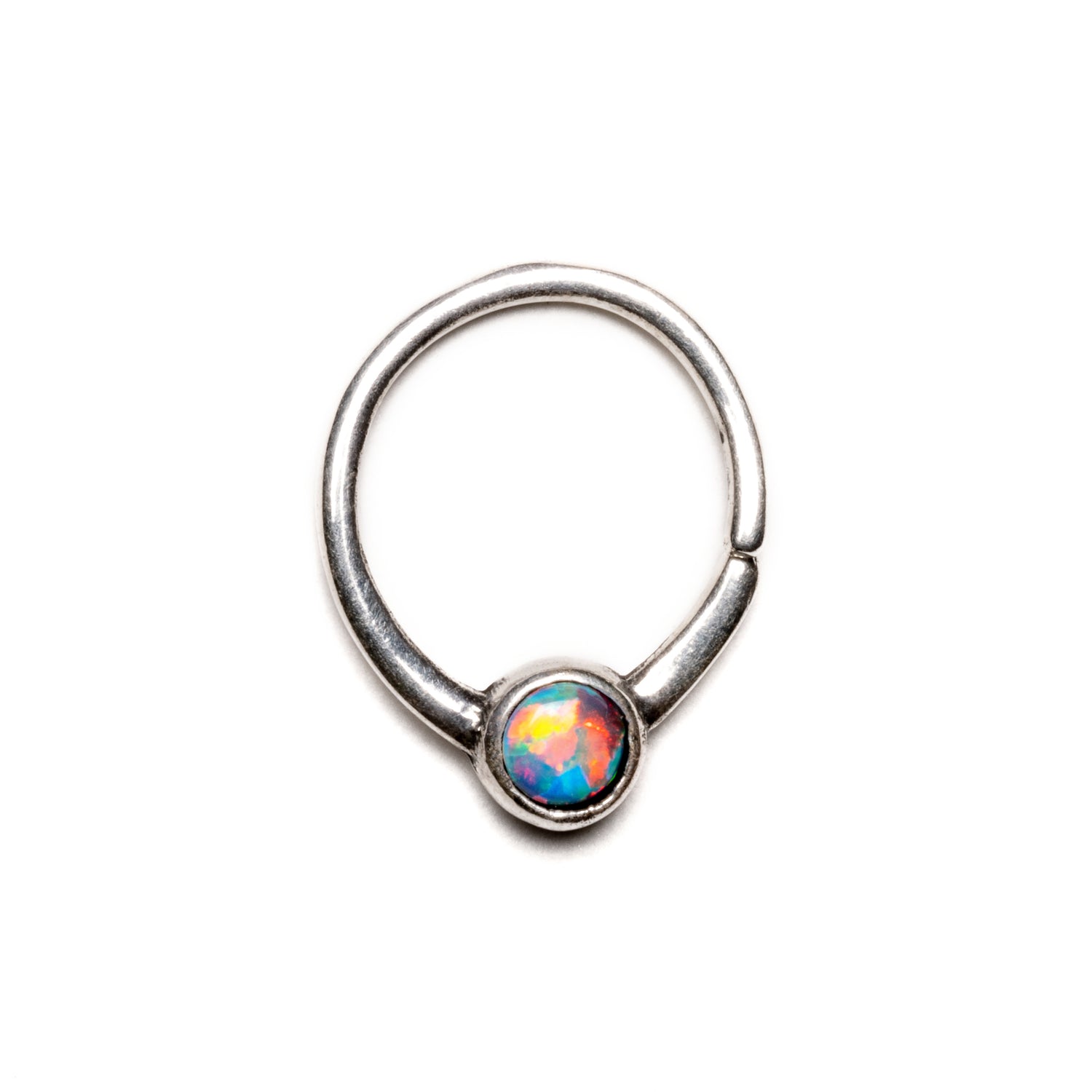 Devika silver septum ring with white Opal frontal view
