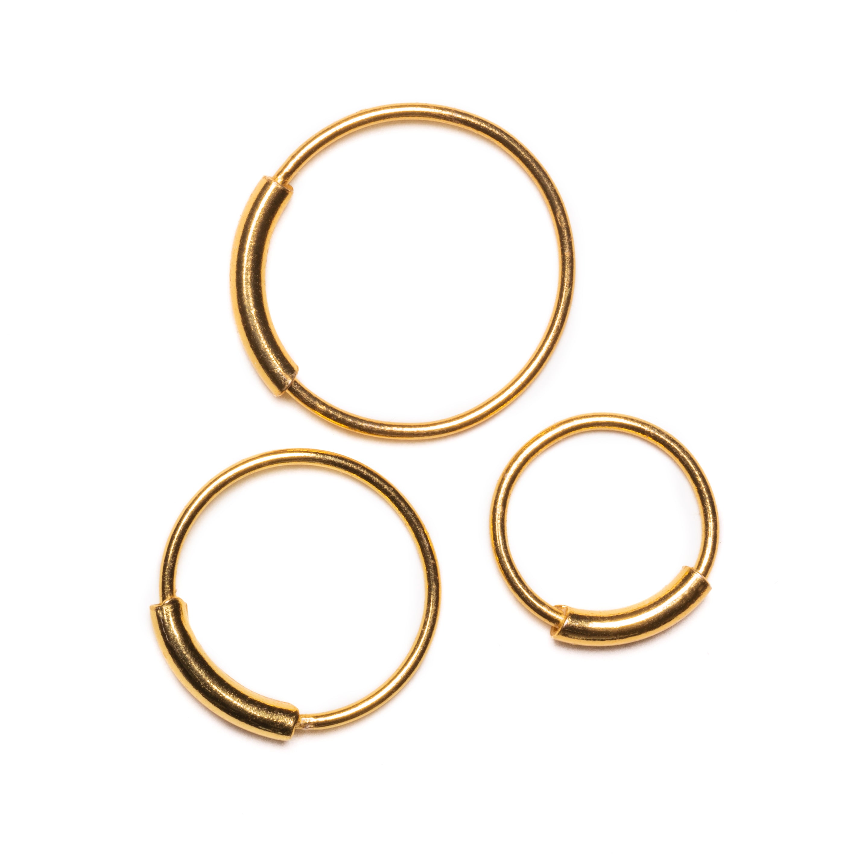 8mm, 10mm and 12mm Pirate 18k gold plated silver nose rings frontal view