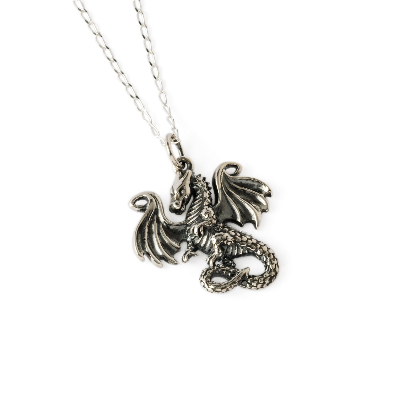Dragon tale silver charm necklace right side view