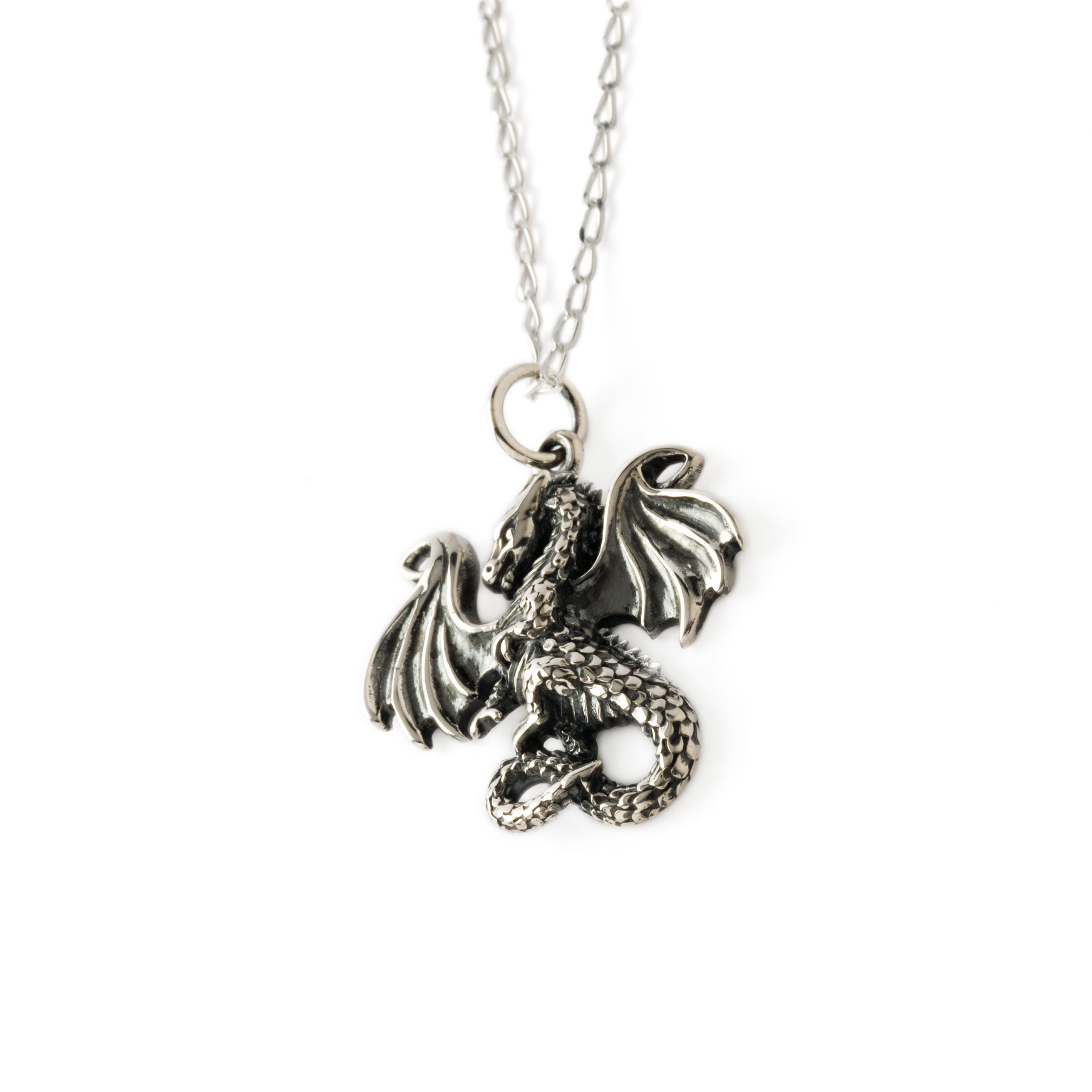 Dragon tale silver charm necklace back sideview