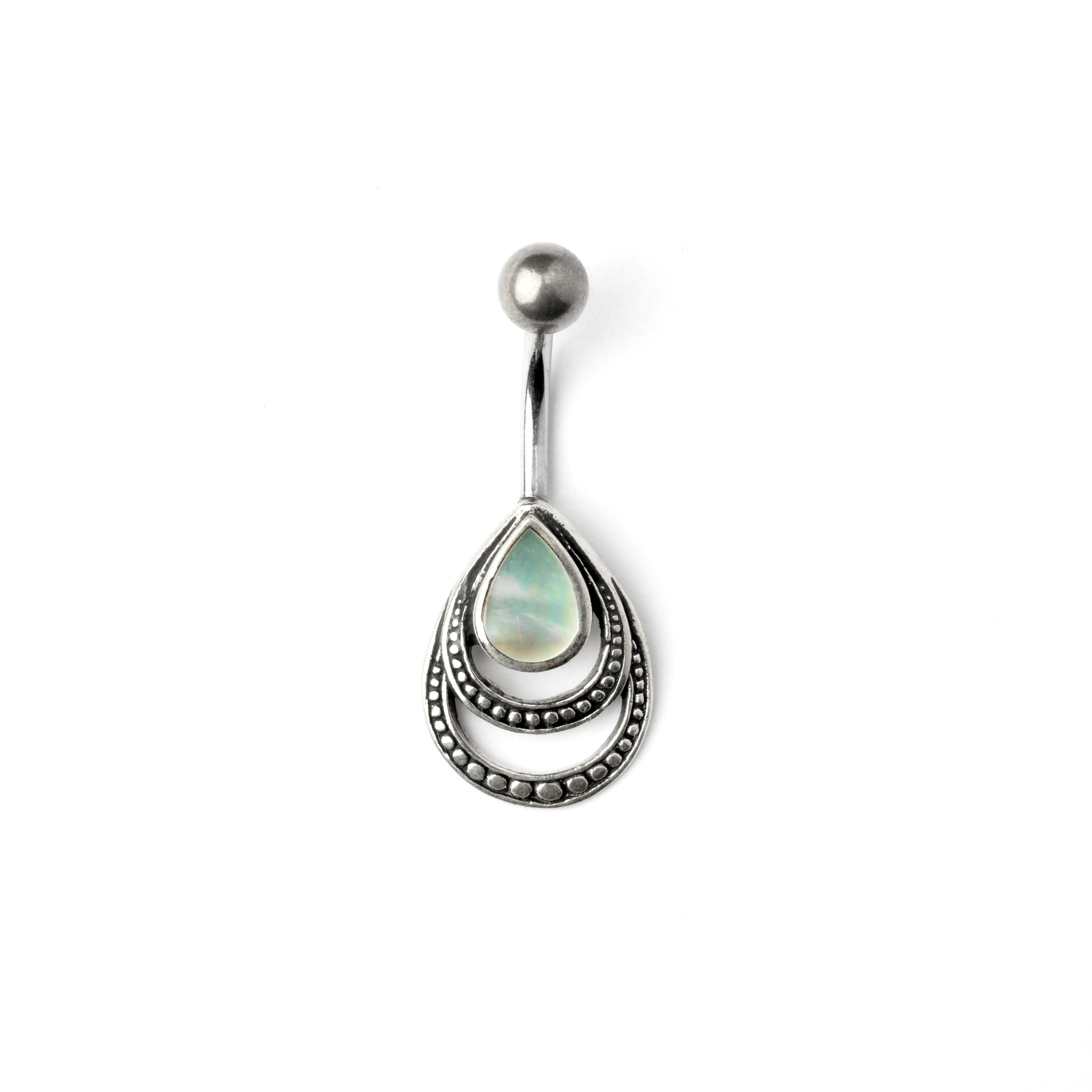 silver teardrop outlines belly bar with centred mother of pearl frontal view