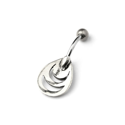 silver teardrop outlines belly bar with centred mother of pearl back side view