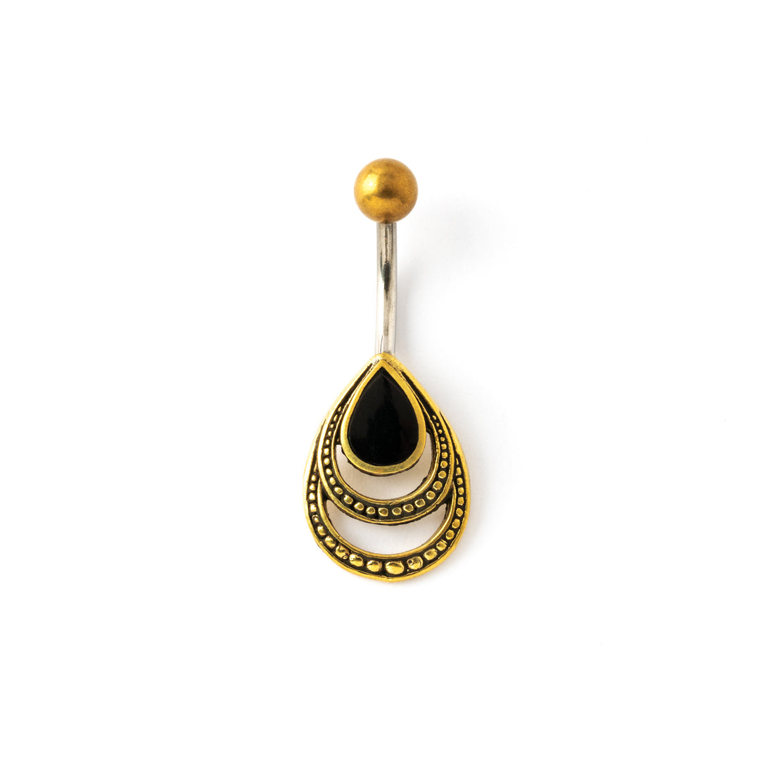 drop shaped belly piercing boho chic golden colour with black shell frontal view