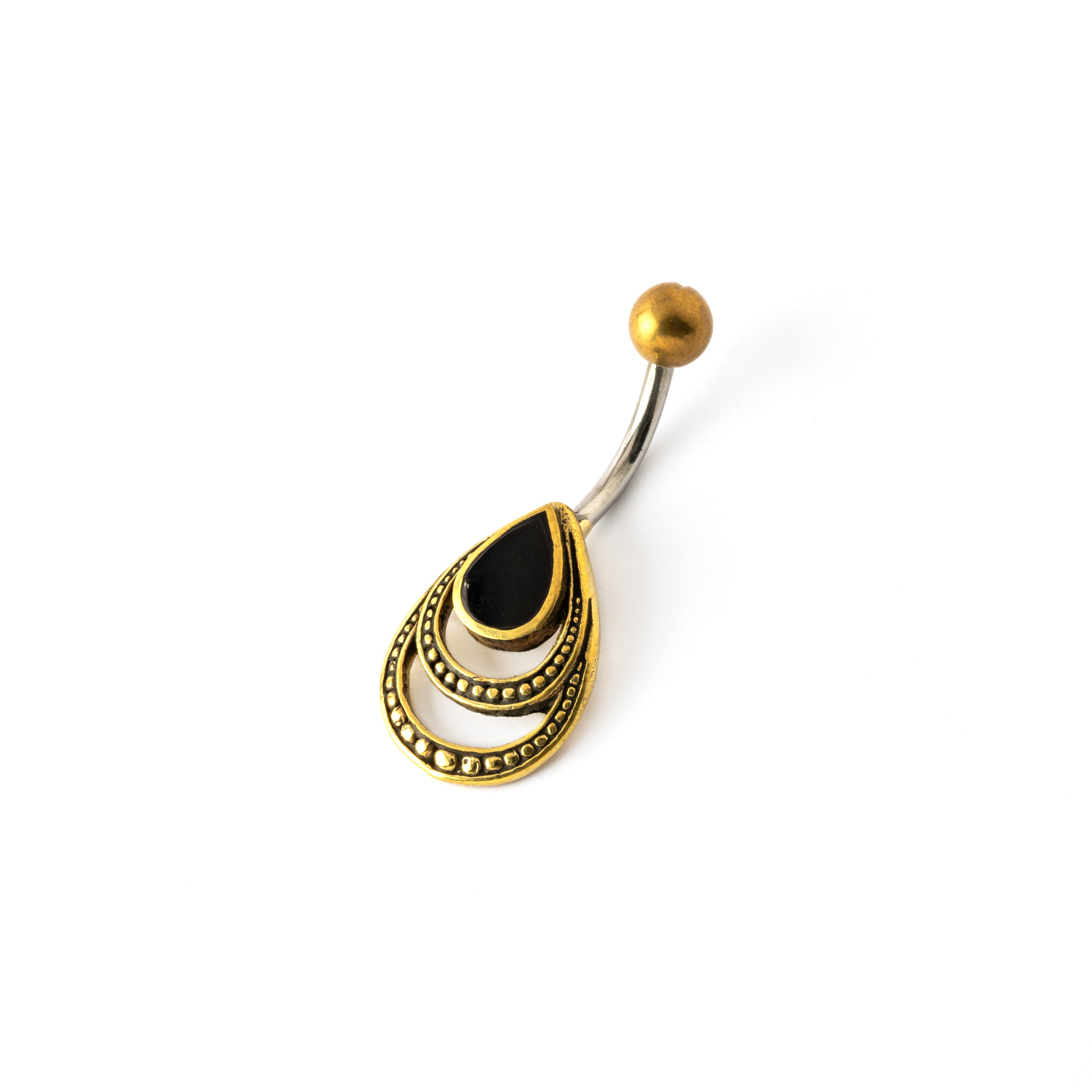 drop shaped belly piercing boho chic golden colour with black shell left side view