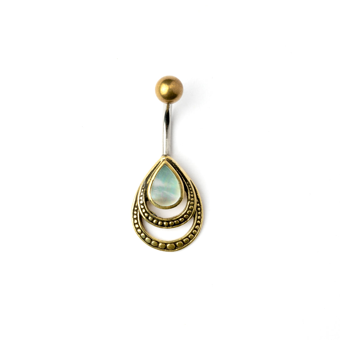 golden brass teardrop outlines belly bar with centred mother of pearl frontal view