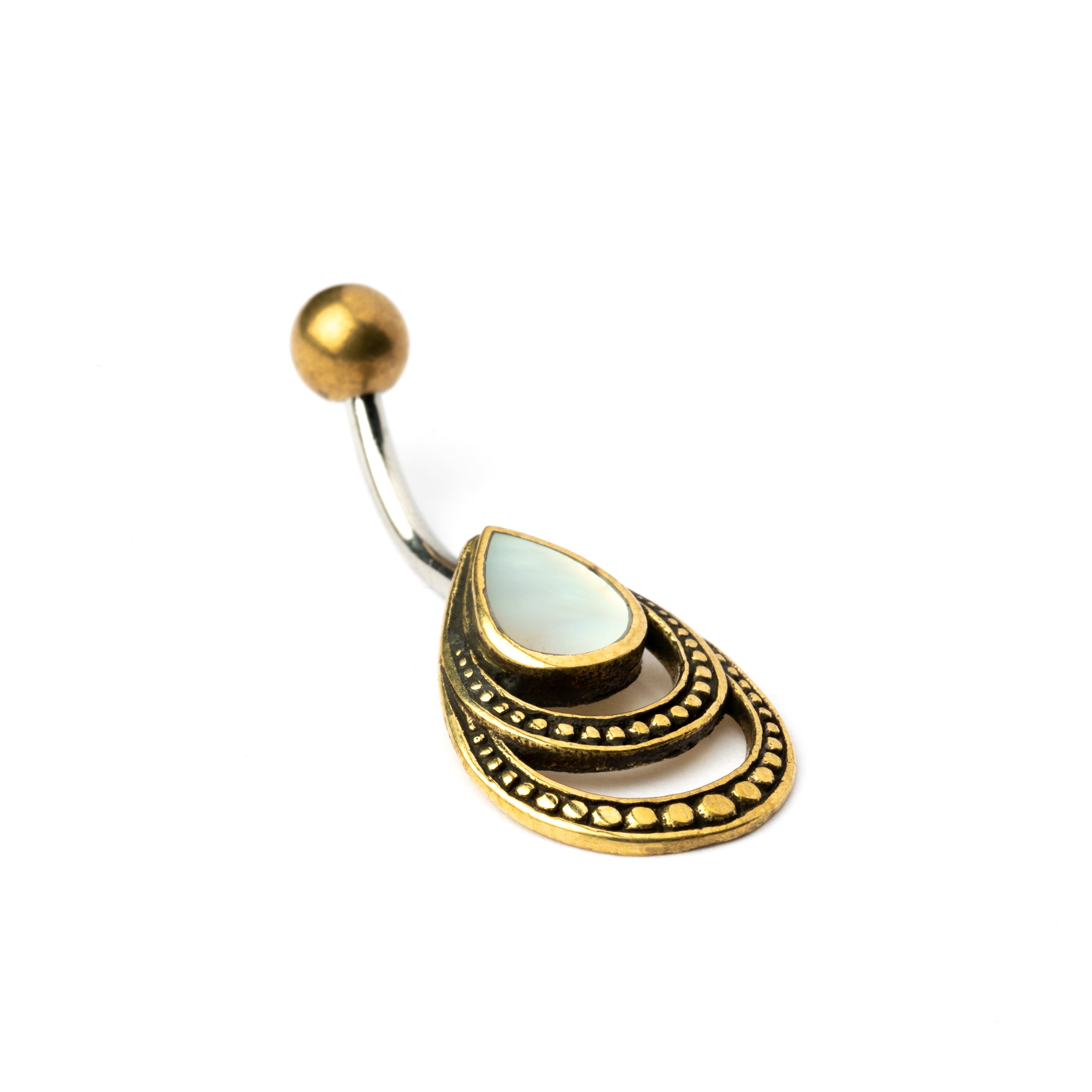 golden brass teardrop outlines belly bar with centred mother of pearl right side view