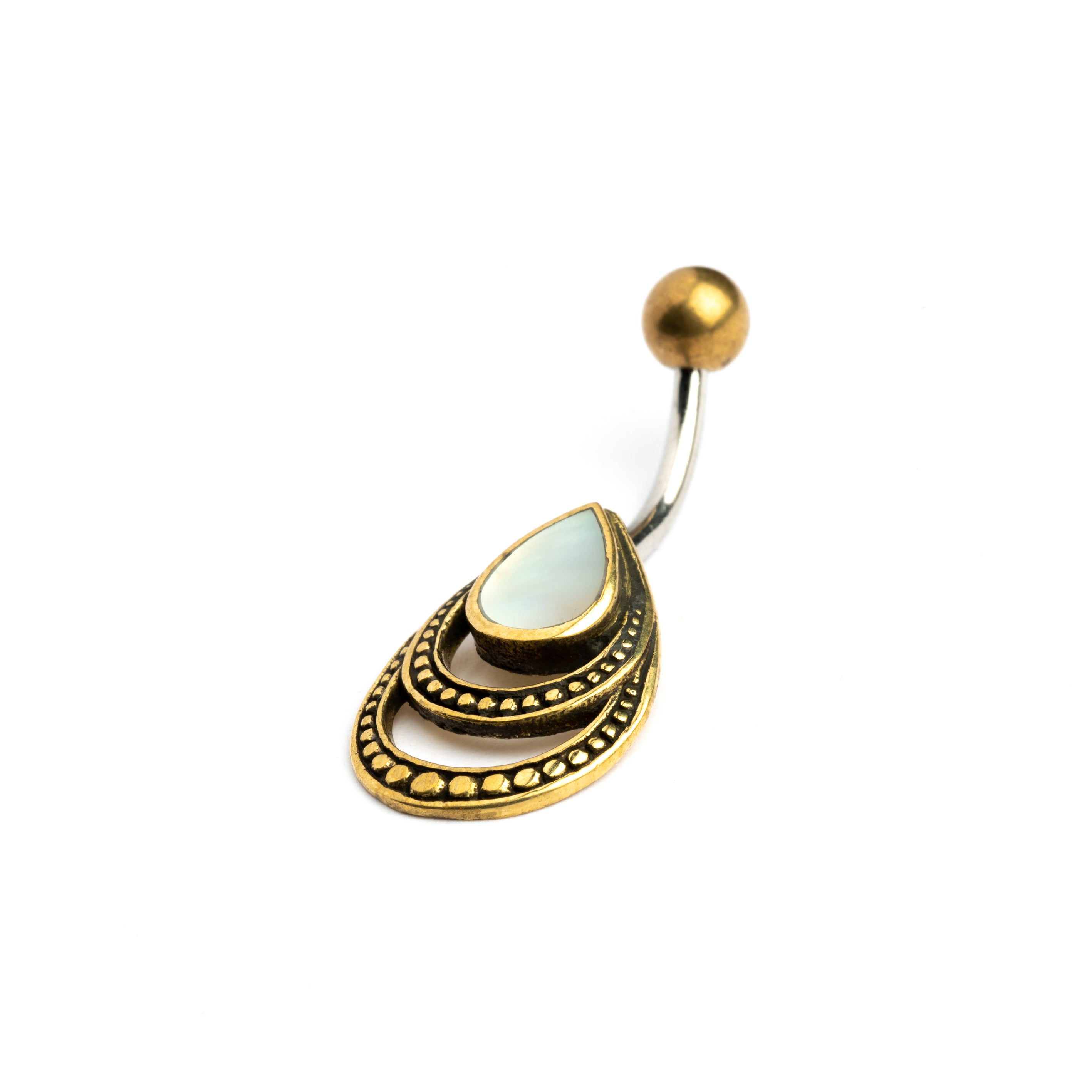 golden brass teardrop outlines belly bar with centred mother of pearl left side view