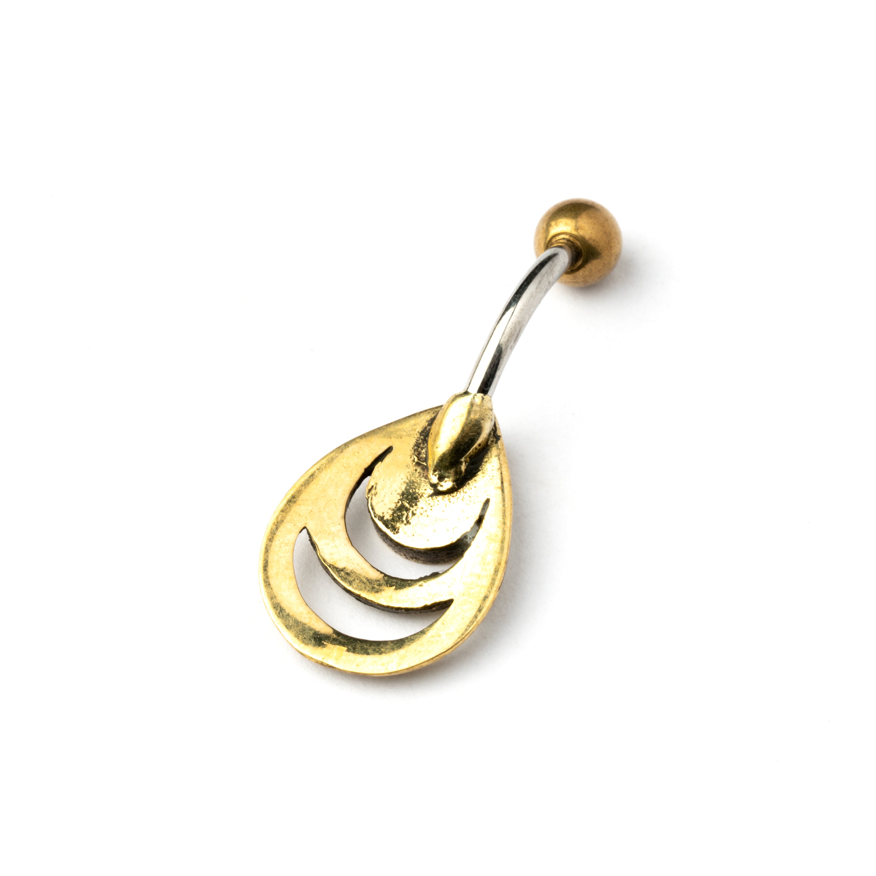golden brass teardrop outlines belly bar with centred mother of pearl back side view