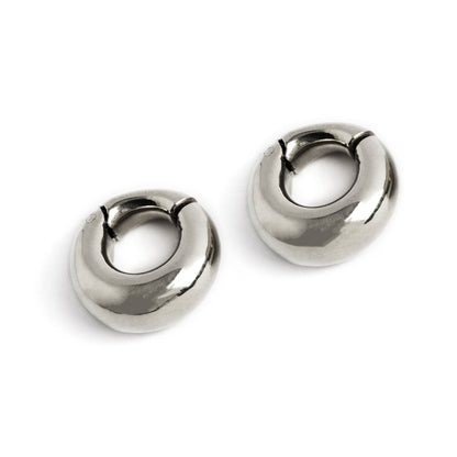 pair of silver brass chunky ear weights hoops right front view