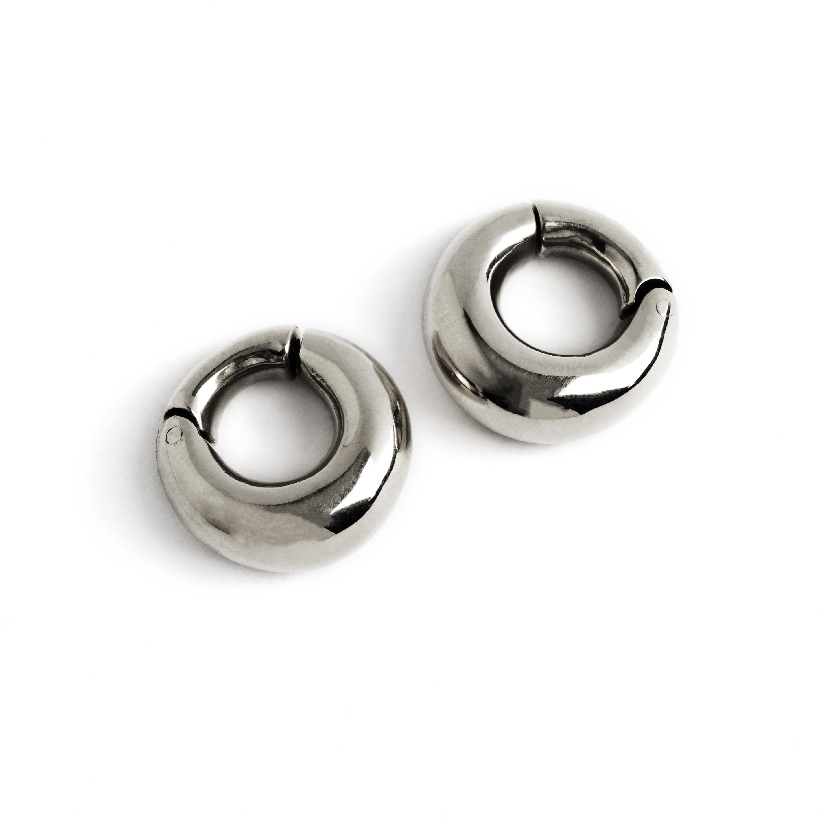 pair of silver brass chunky ear weights hoops front view