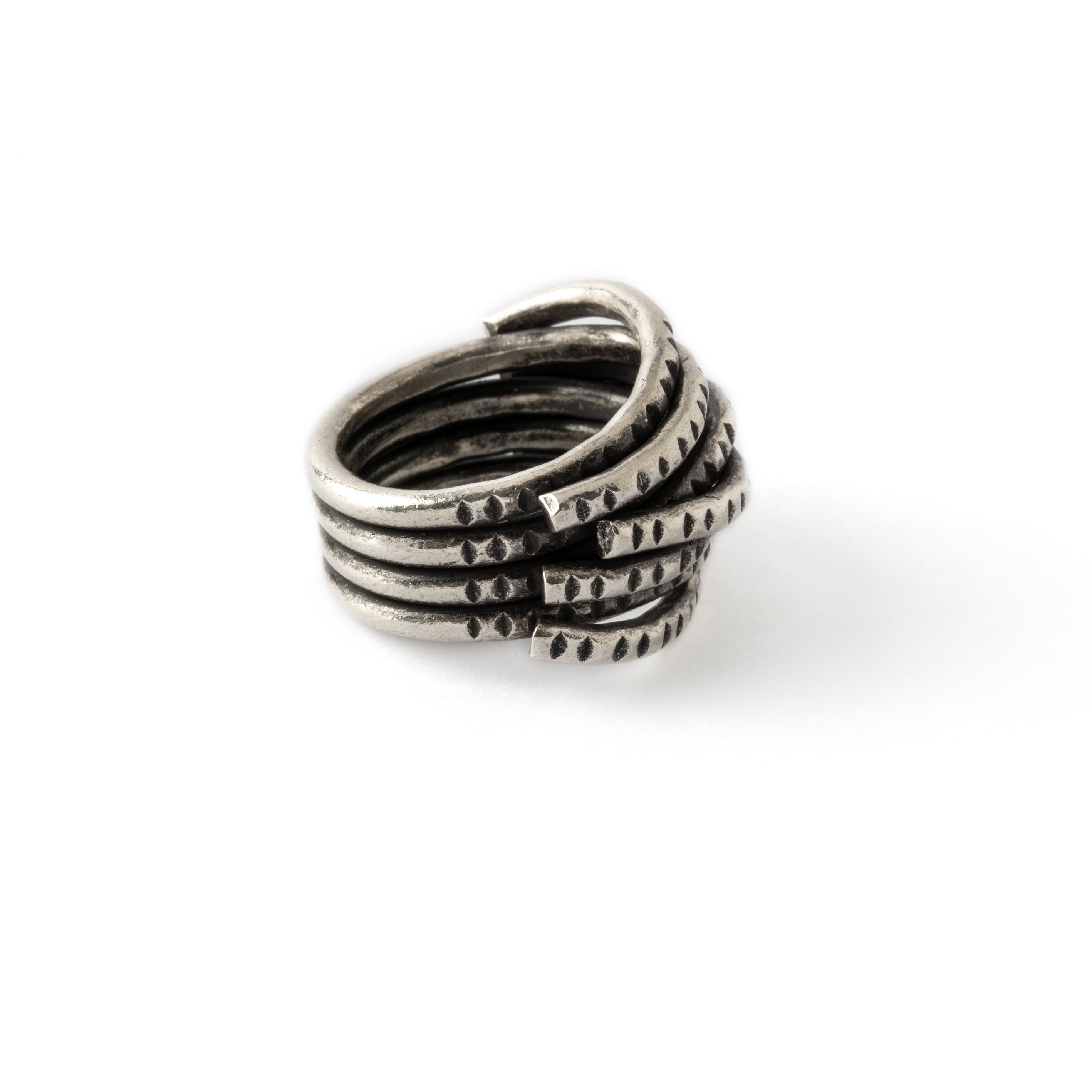 95% tribal silver chunky ring with layered design right side view