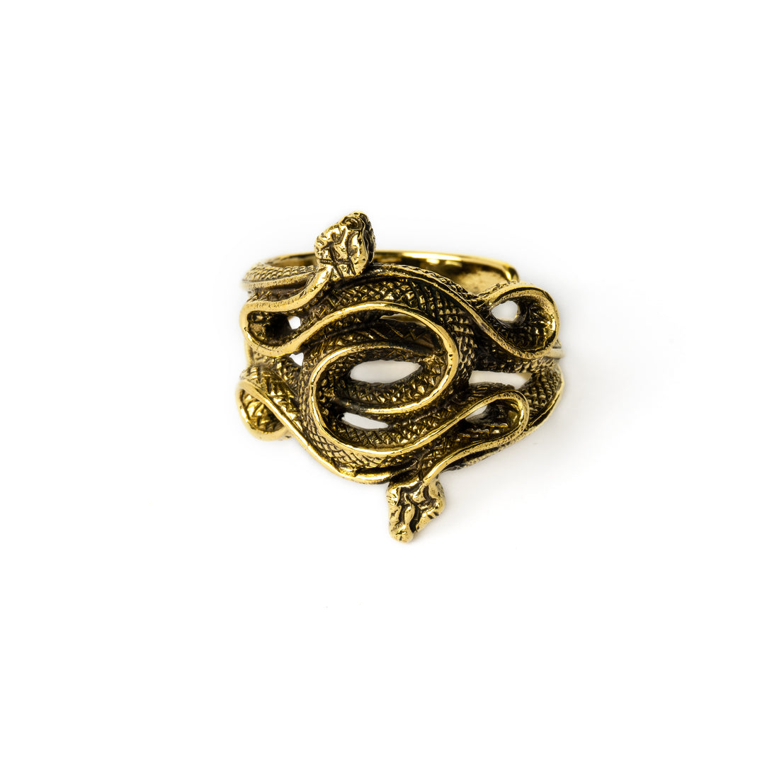 Golden brass Entwined Serpents adjustable ring frontal view
