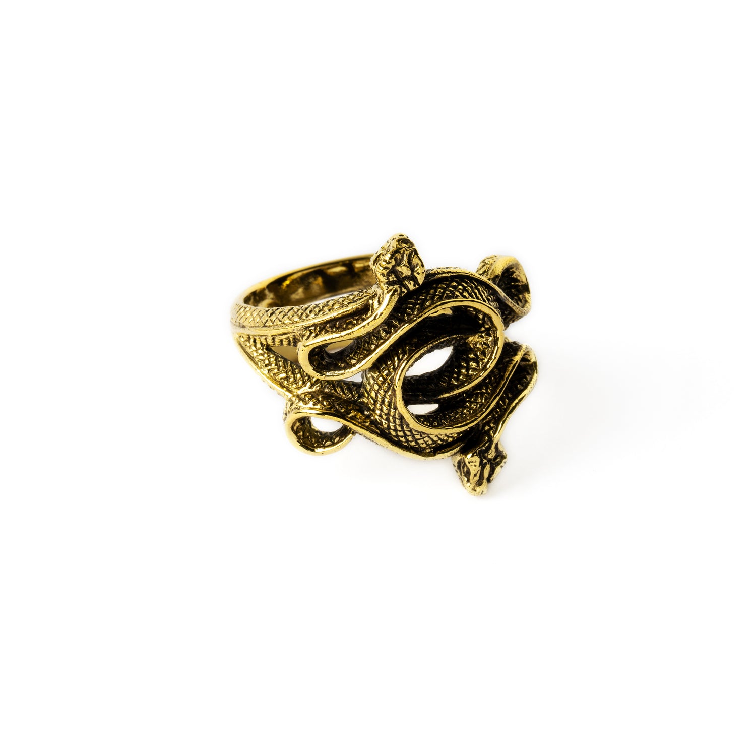 Golden brass Entwined Serpents adjustable ring right side view