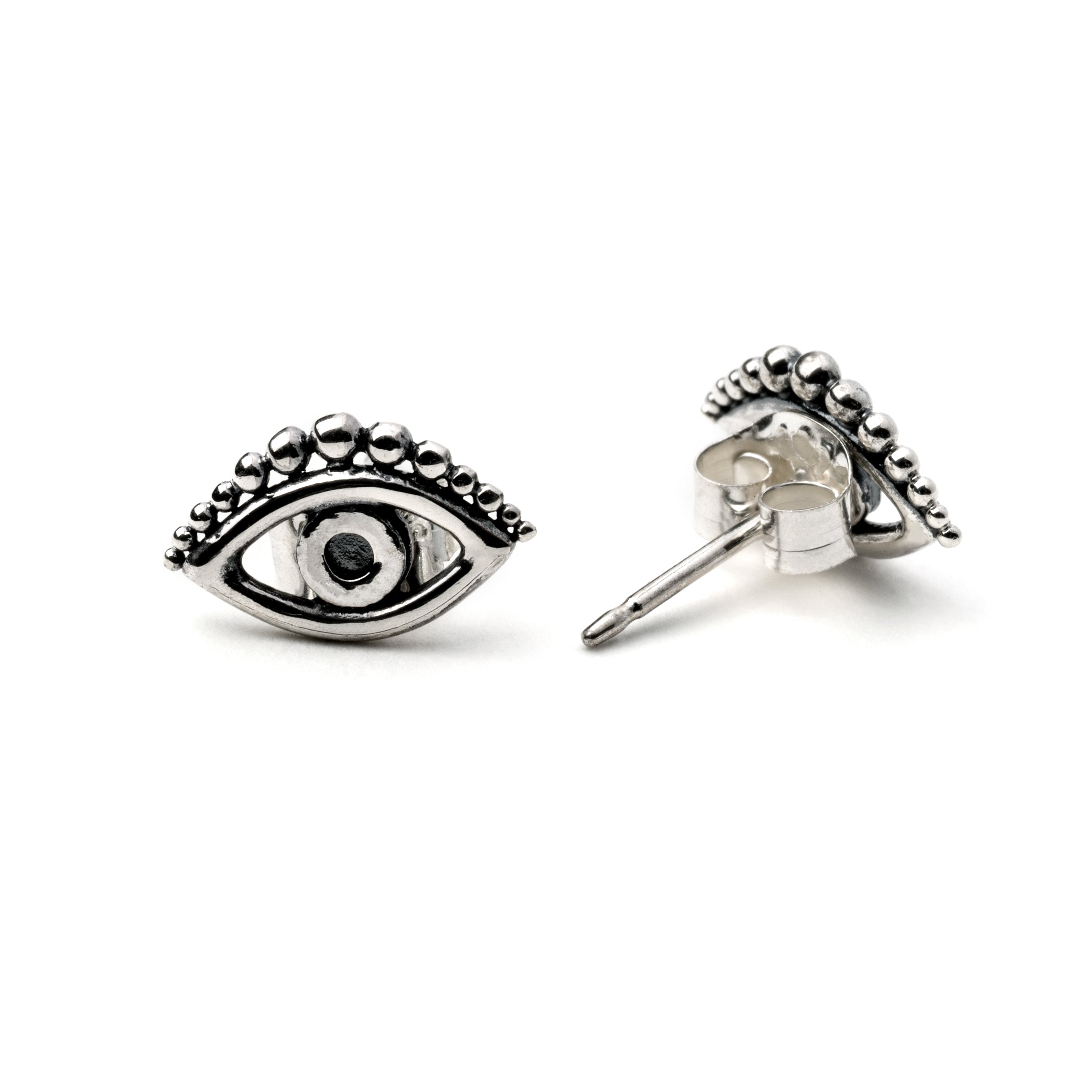 Evil Eye silver stud earrings front and back view