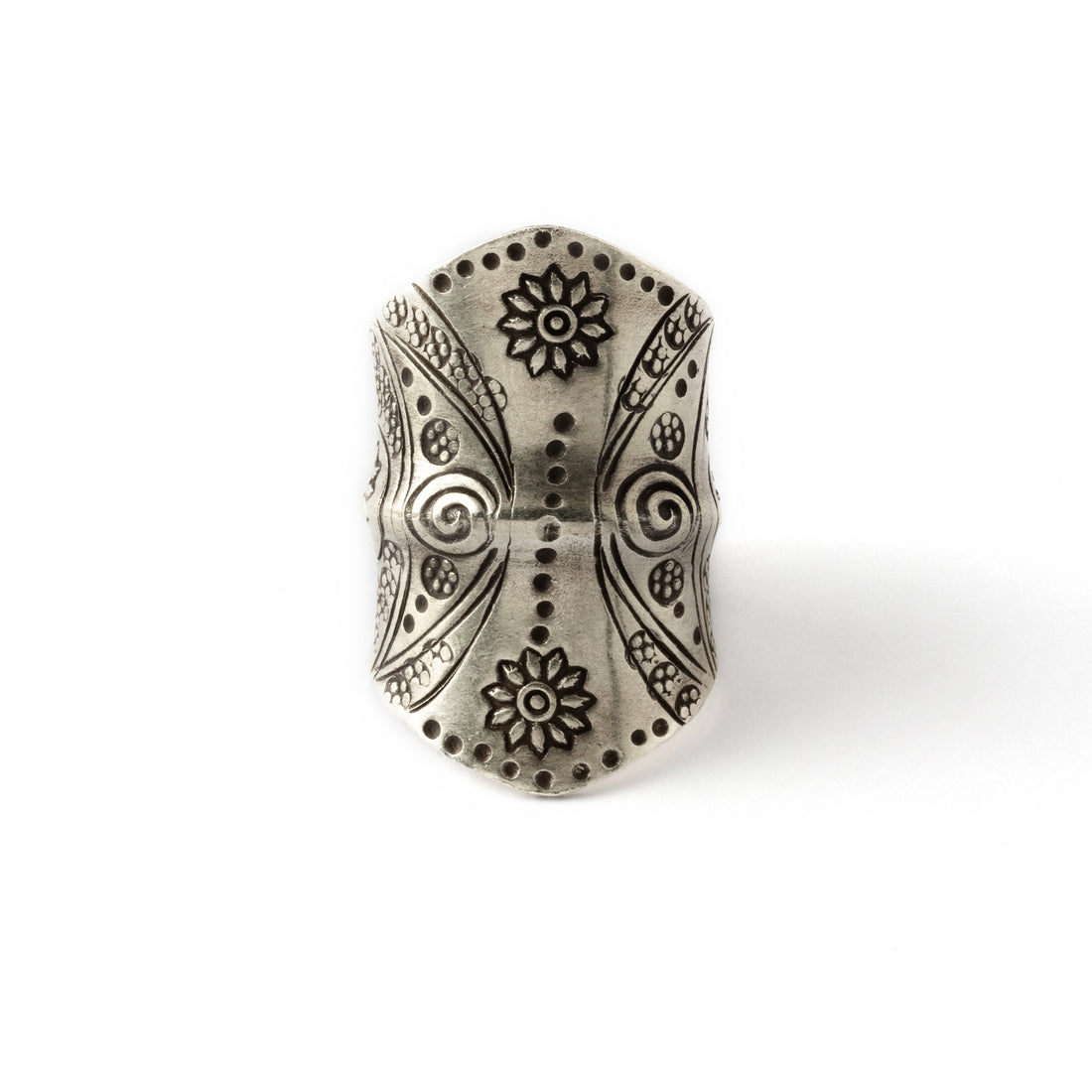95% tribal silver long finger ring with etched tribal motifs front view