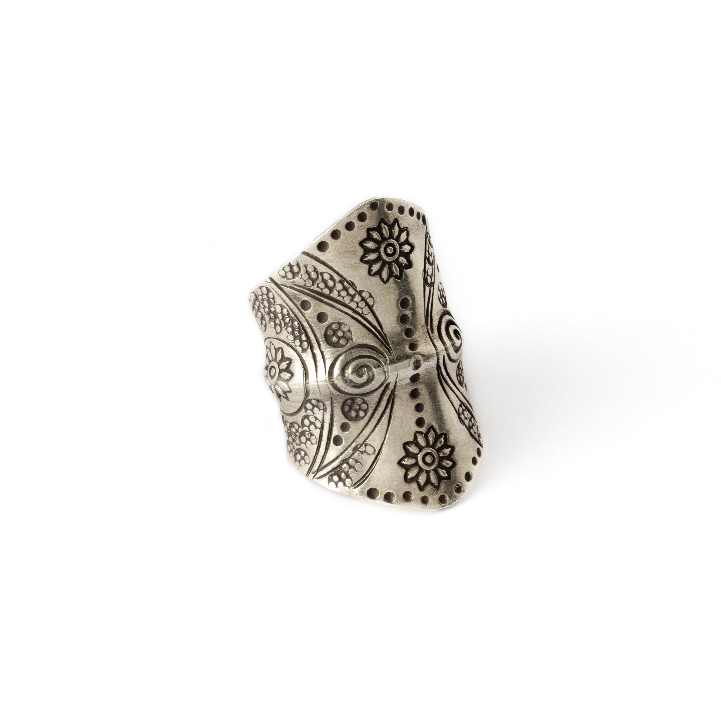 95% tribal silver long finger ring with etched tribal motifs right side view