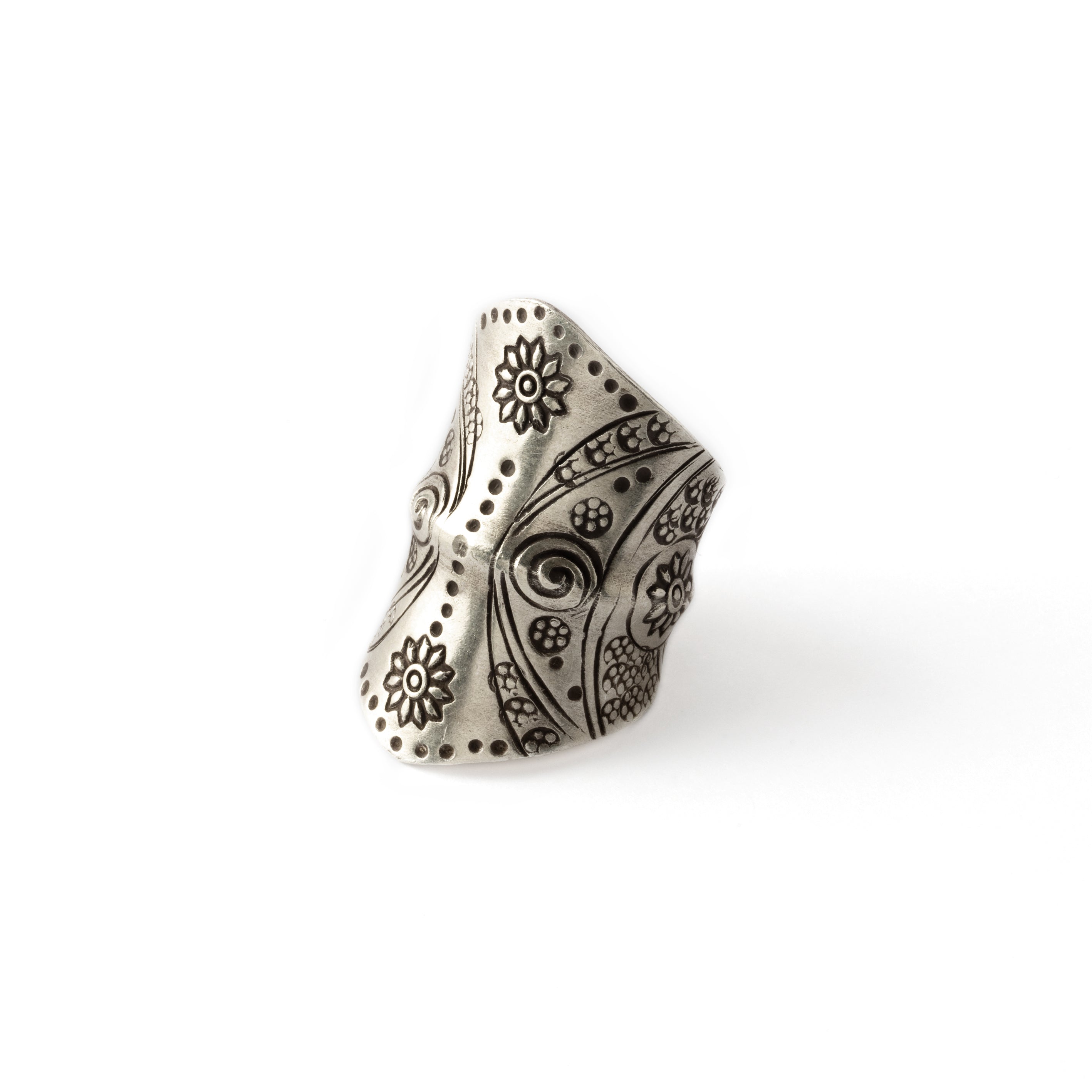 95% tribal silver long finger ring with etched tribal motifs left side view
