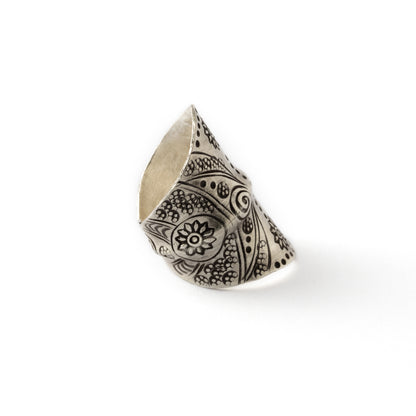 95% tribal silver long finger ring with etched tribal motifs back side view