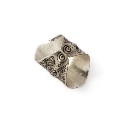 95% tribal silver long finger ring with etched tribal motifs back view