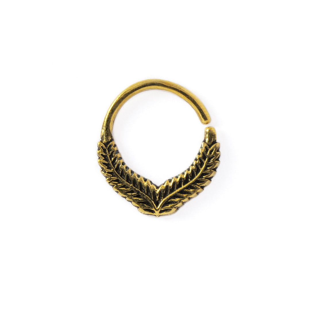 Fern Septum Ring in oxidised golden brass frontal view
