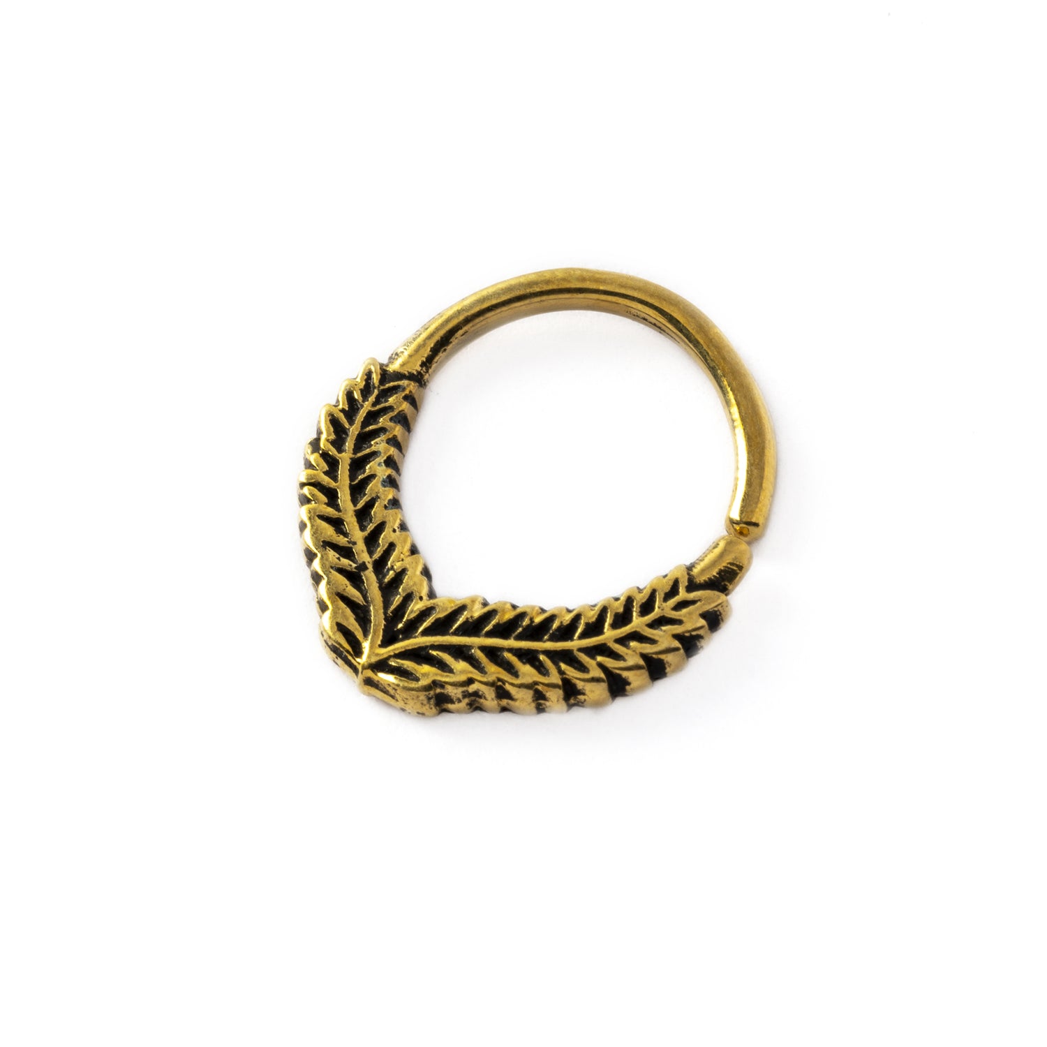 Fern Septum Ring in oxidised golden brass rigjt side view