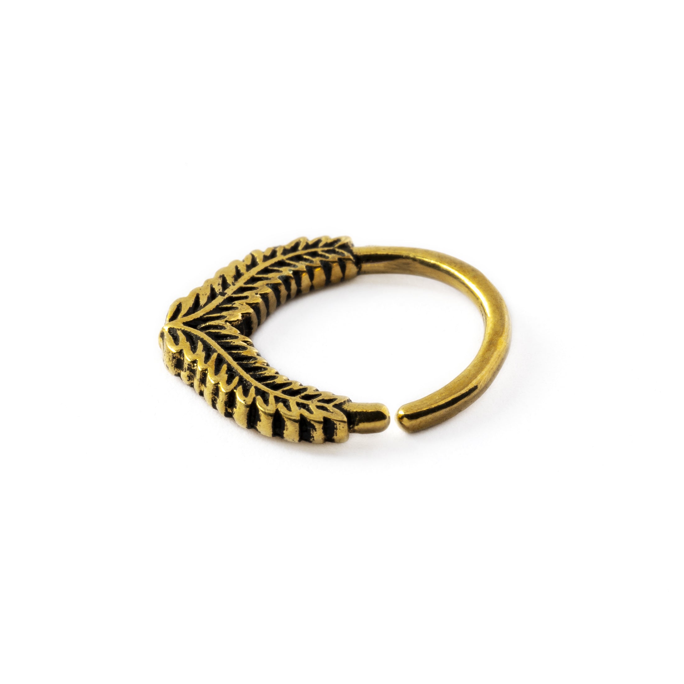 Fern Septum Ring in oxidised golden brass side view