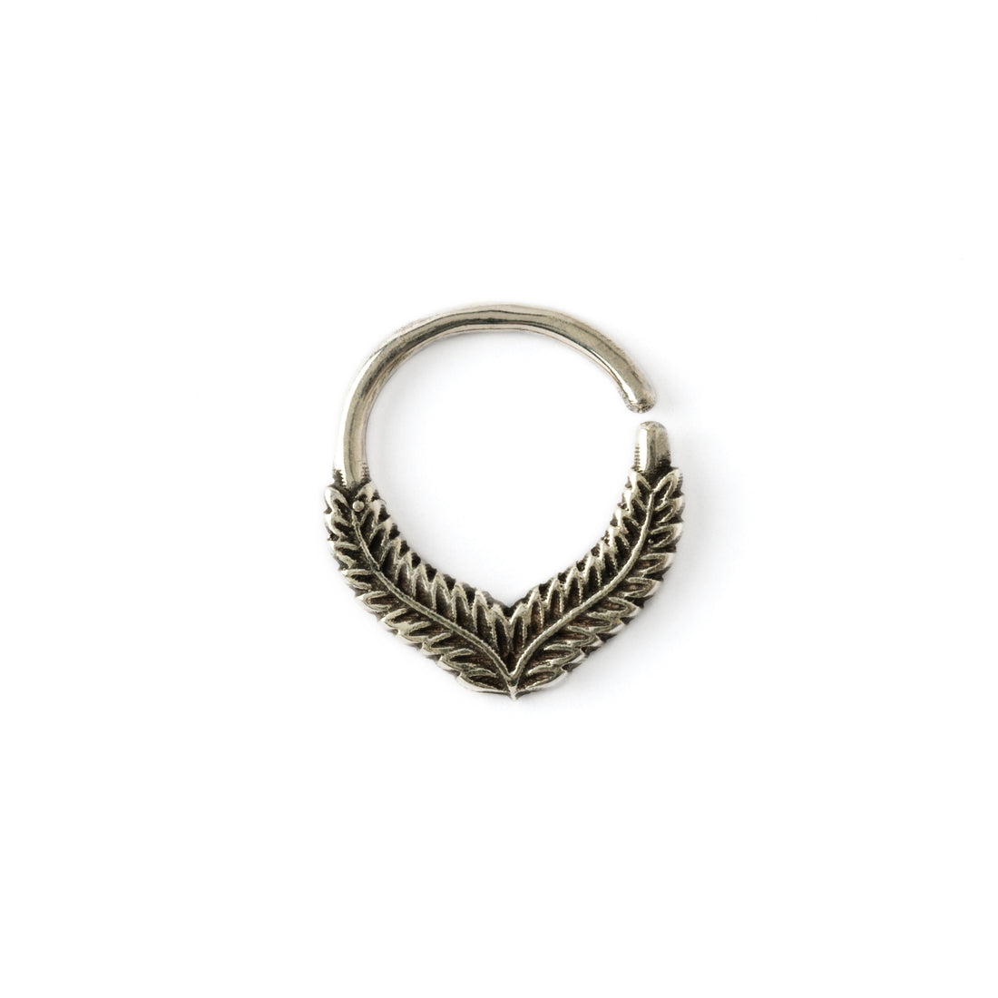 Fern silver septum ring frontal view