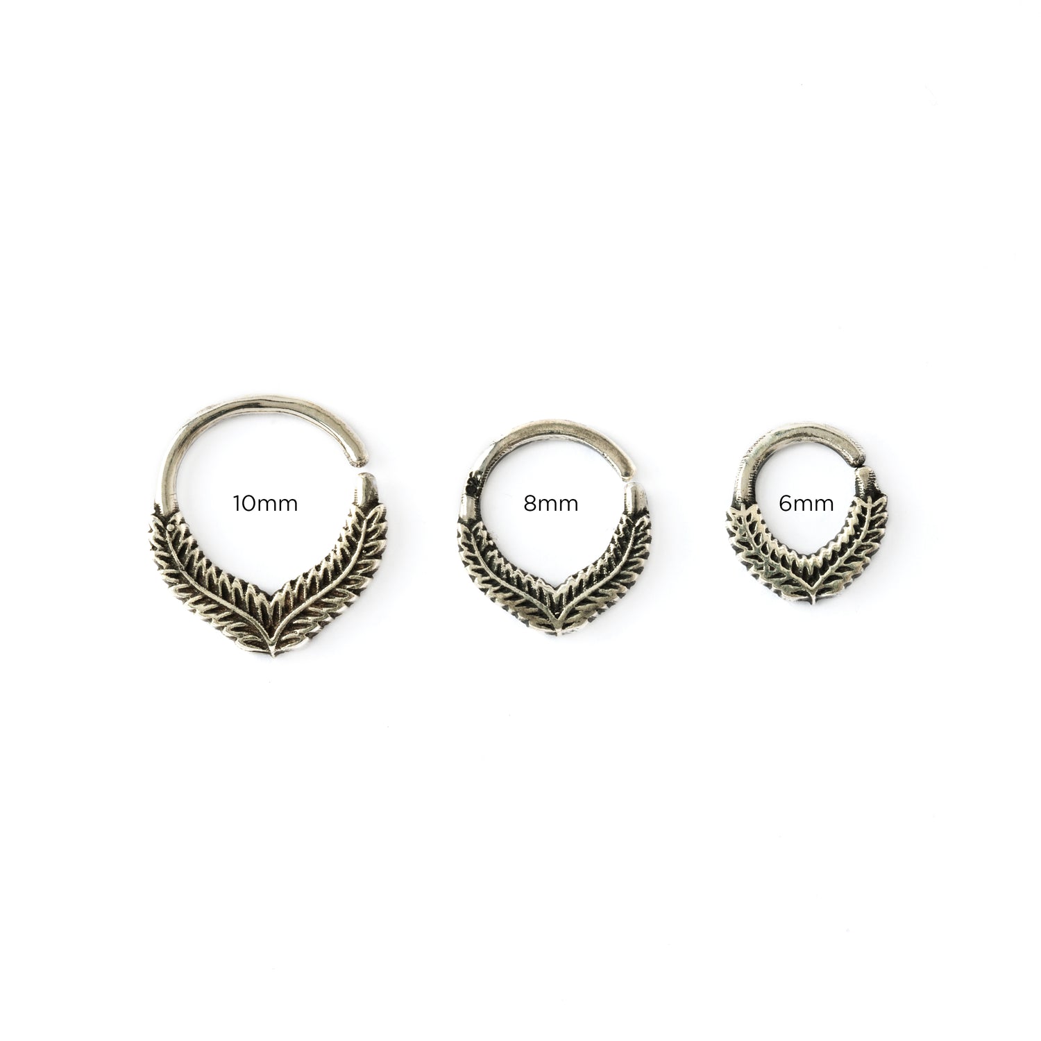 6mm, 8mm,10mm Fern silver septum rings frontal view