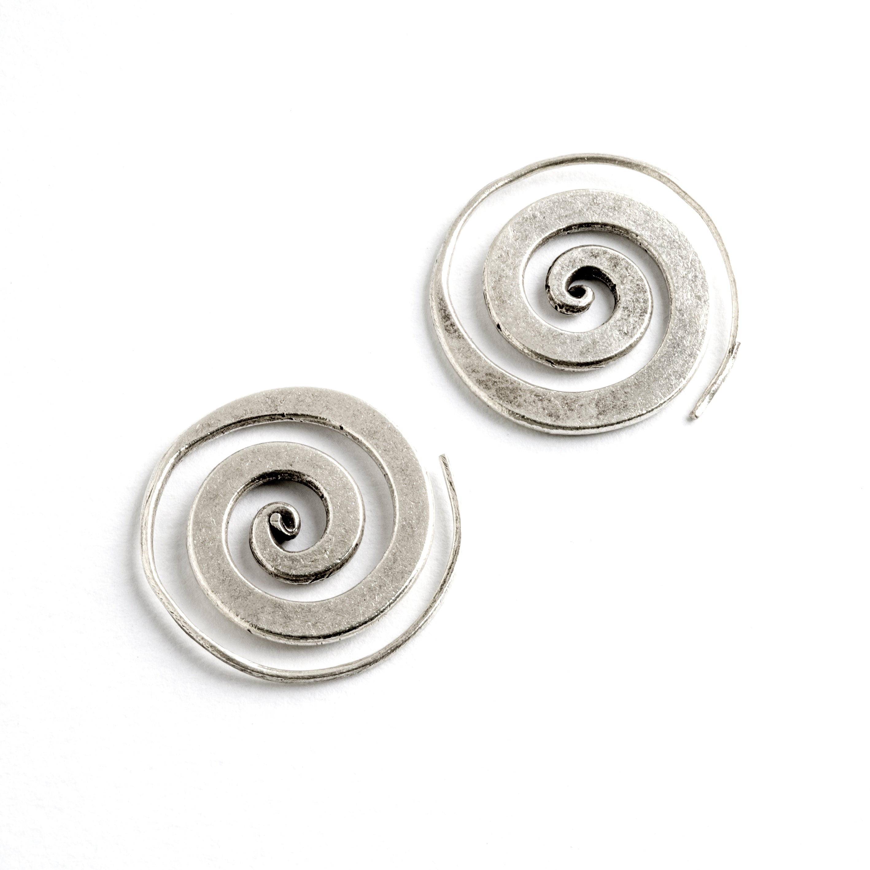Flat Tribal Silver Spiral Earrings frontal view