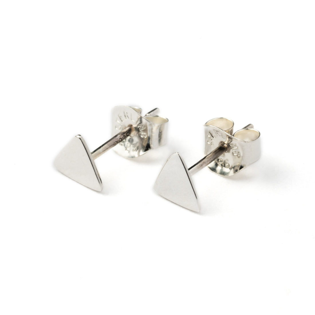 pair of silver flat triangle post earrings left side view