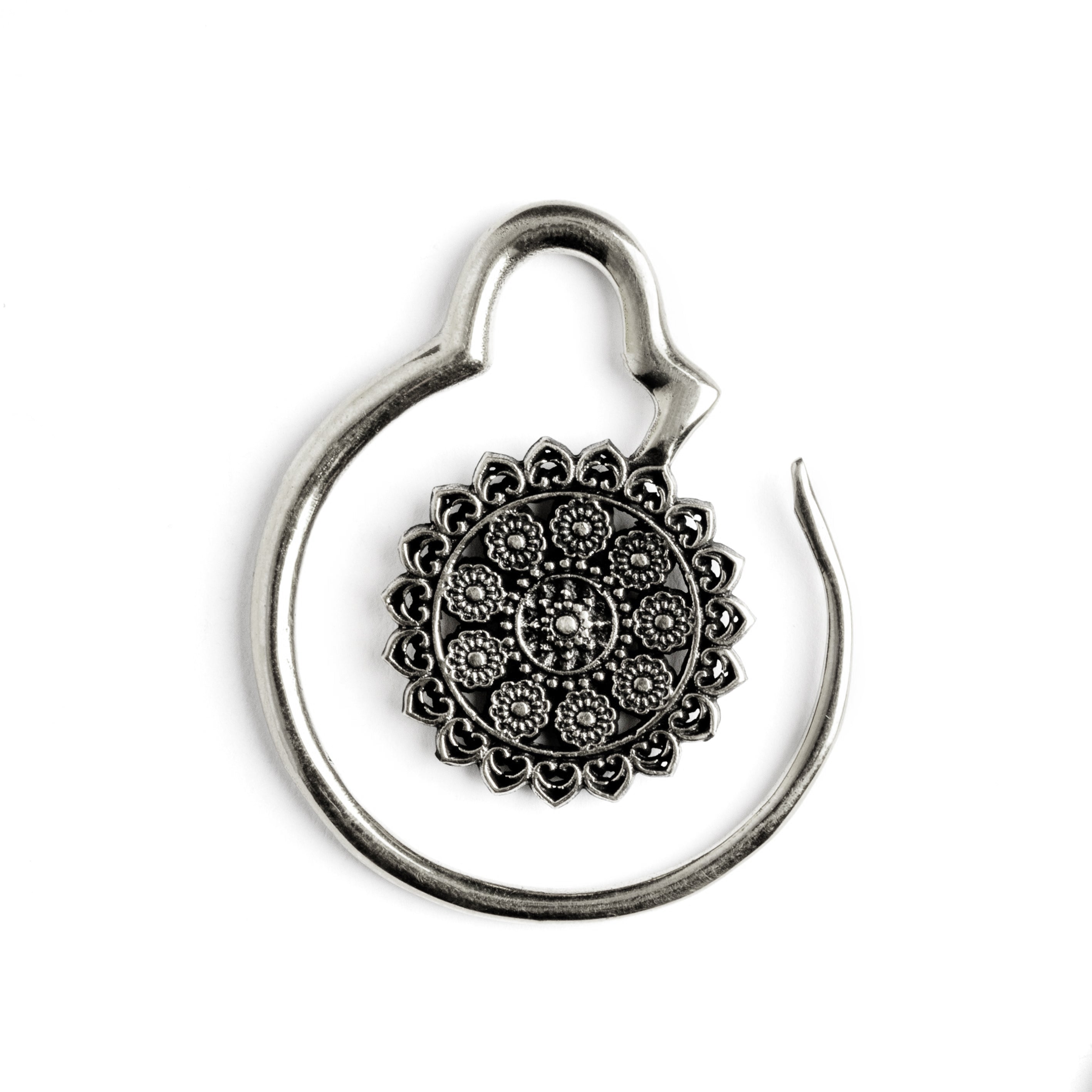 single silver brass hook ear hanger with intricate floral filigree frontal view