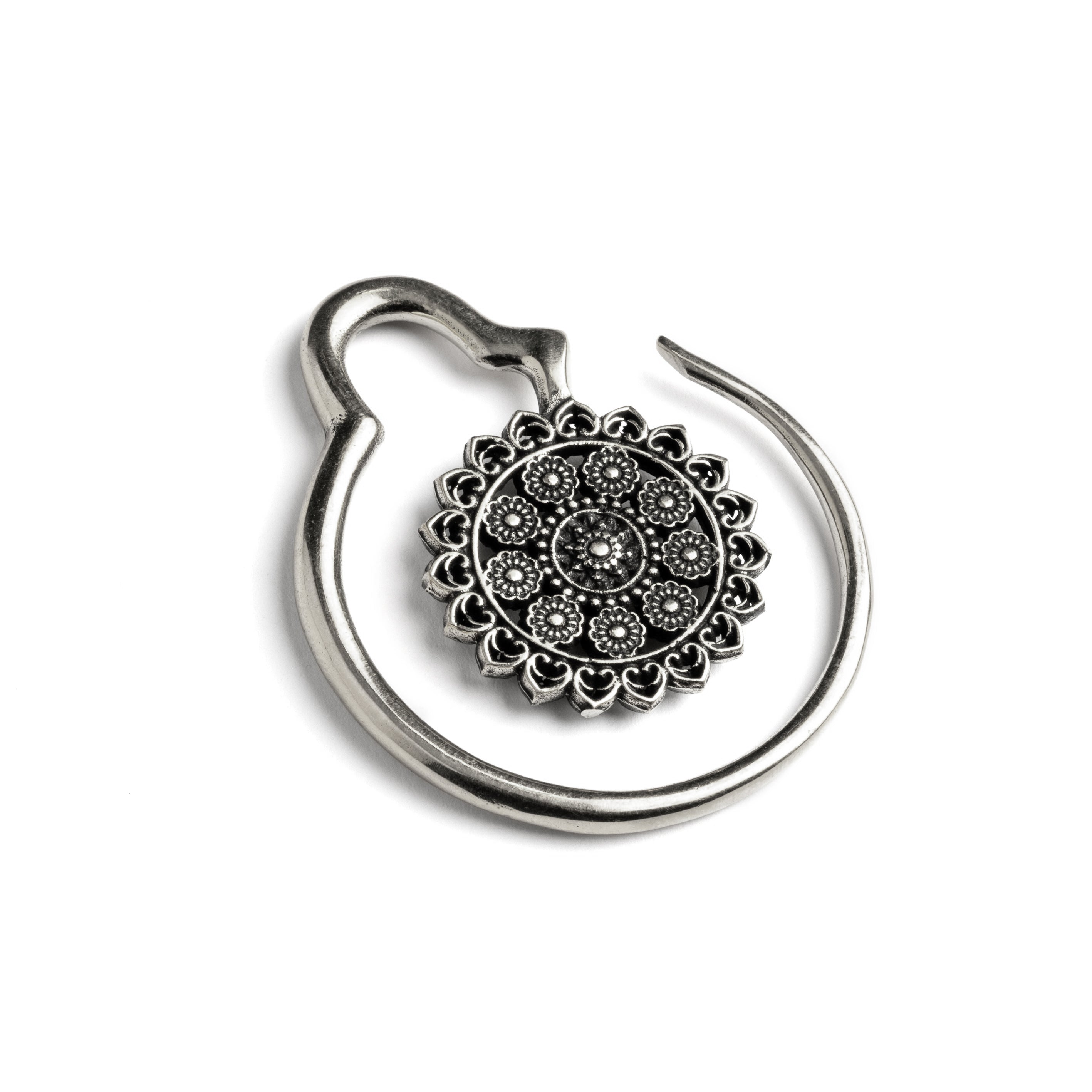 single silver brass hook ear hanger with intricate floral filigree left front view