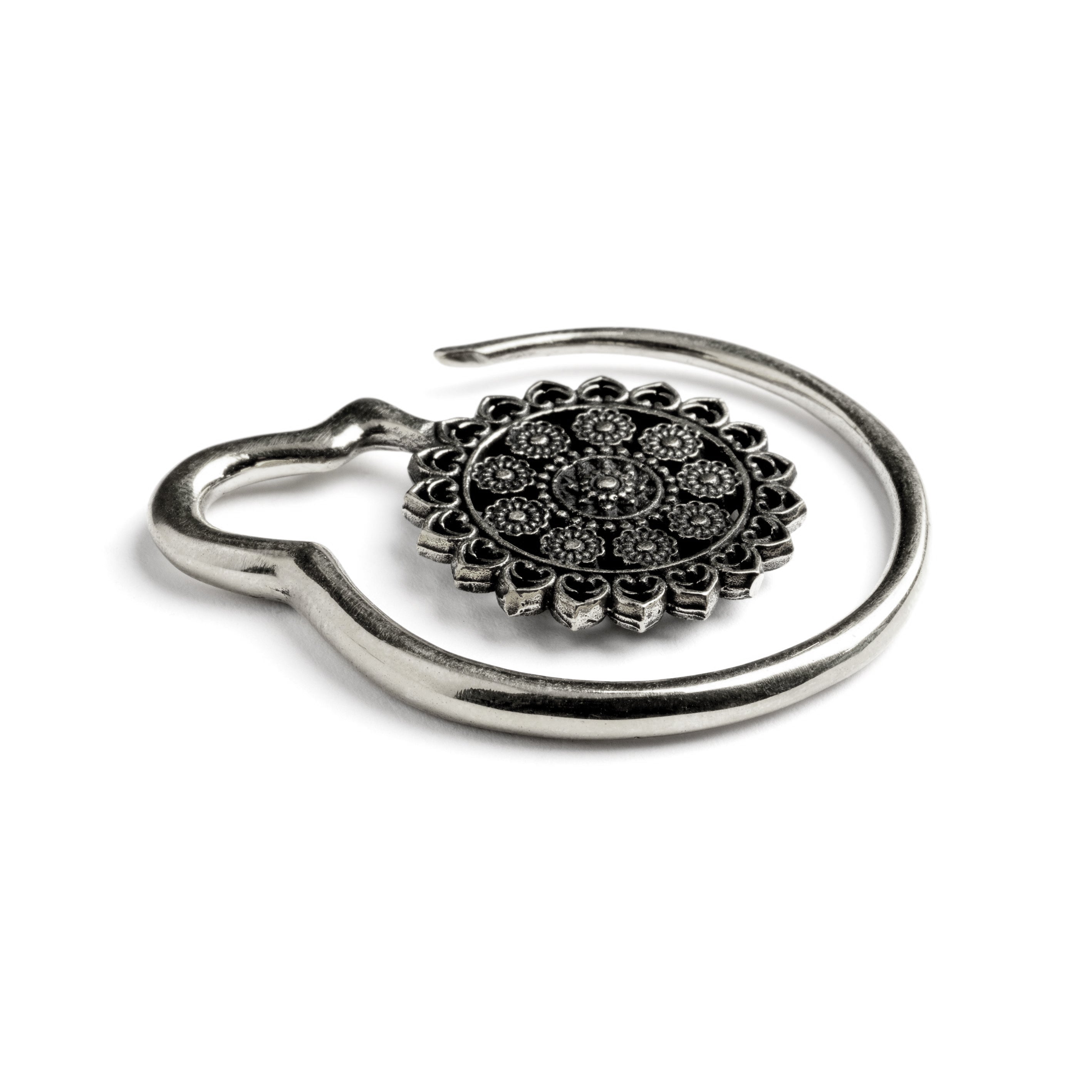 single silver brass hook ear hanger with intricate floral filigree side view