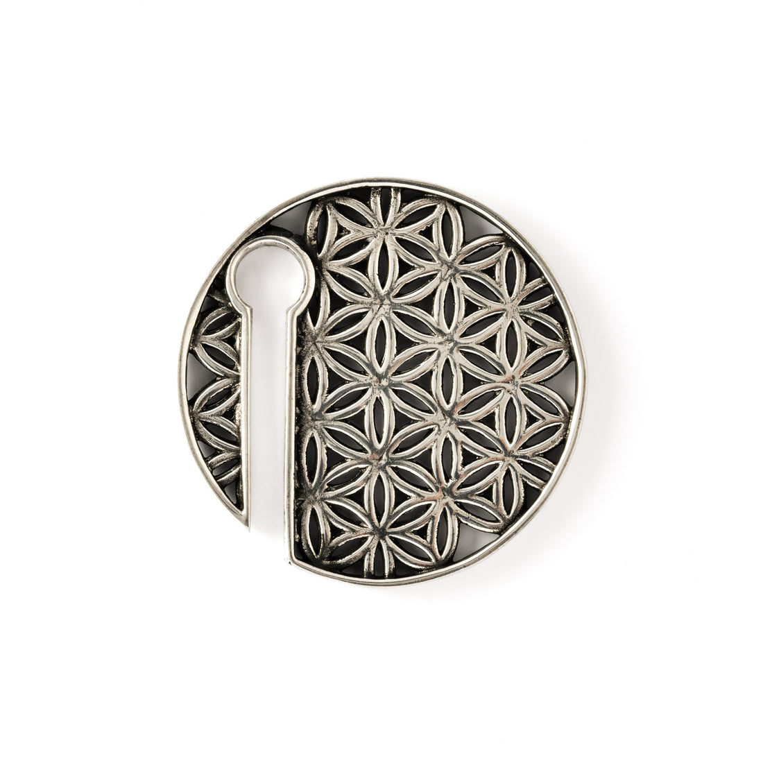 single white brass flower of life disc ear weight hanger frontal view