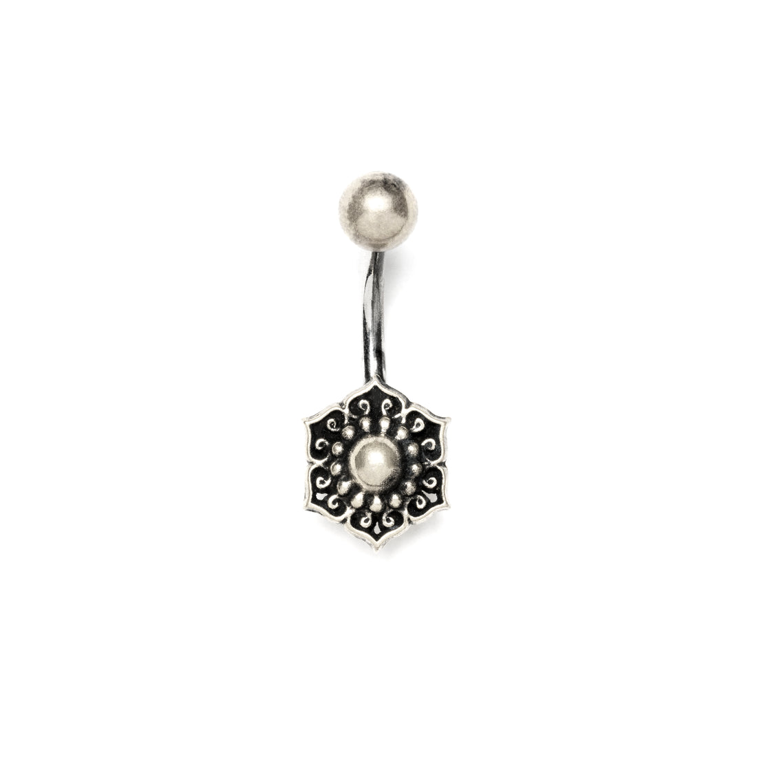 Silver Tribal Flower Belly Piercing frontal view