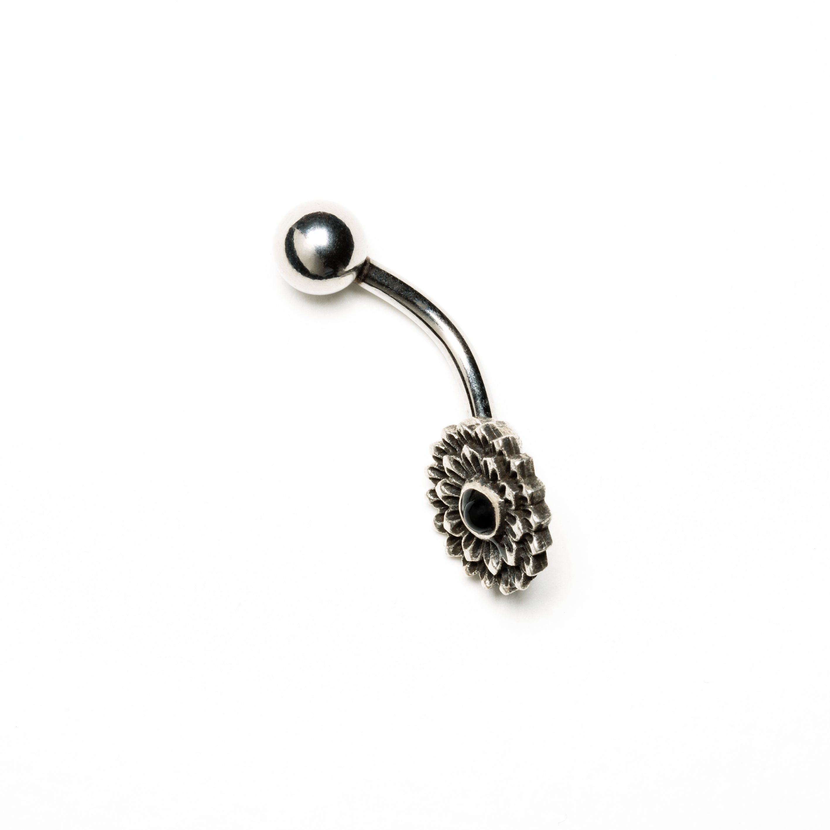Silver Lotus Flower Belly Piercing with Onyx side view