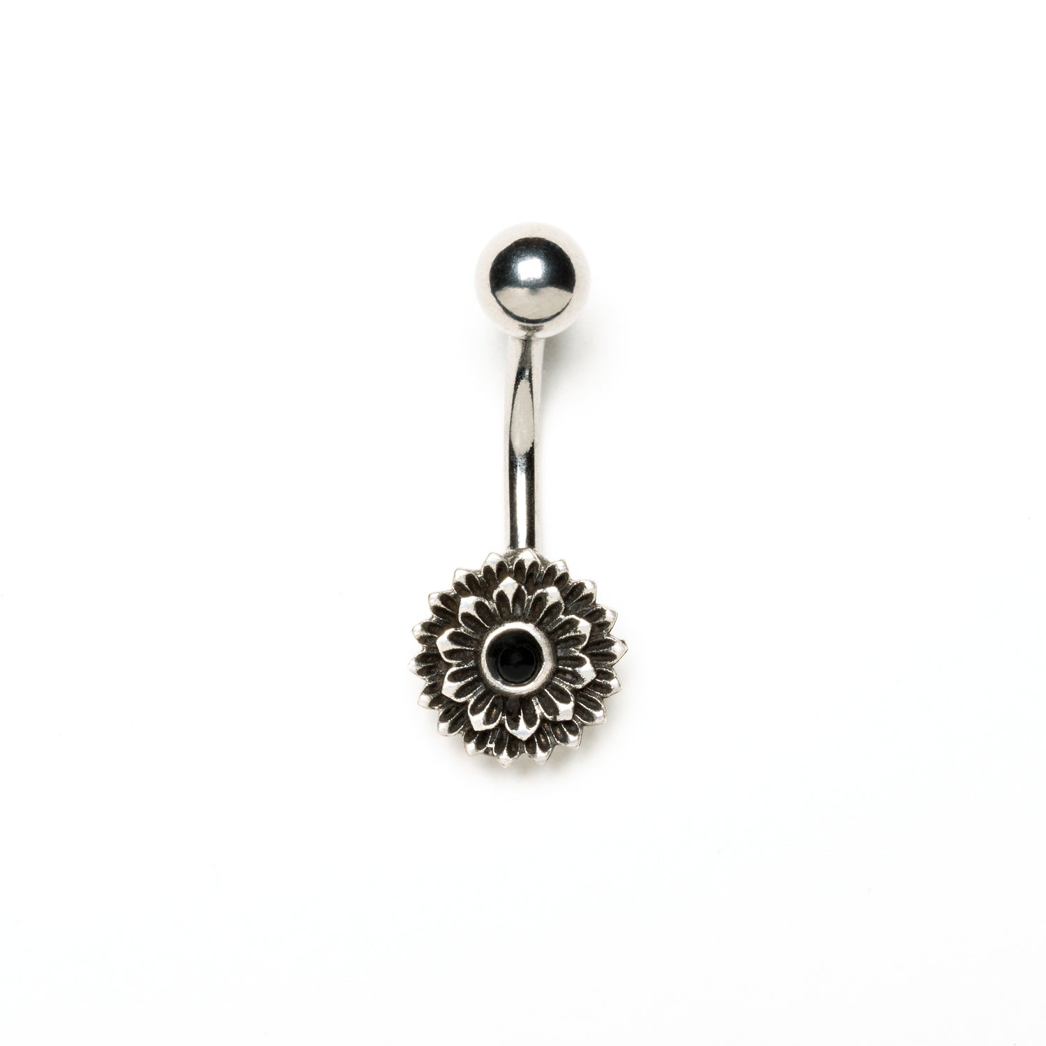 Silver Lotus Flower Belly Piercing with Onyx frontal view