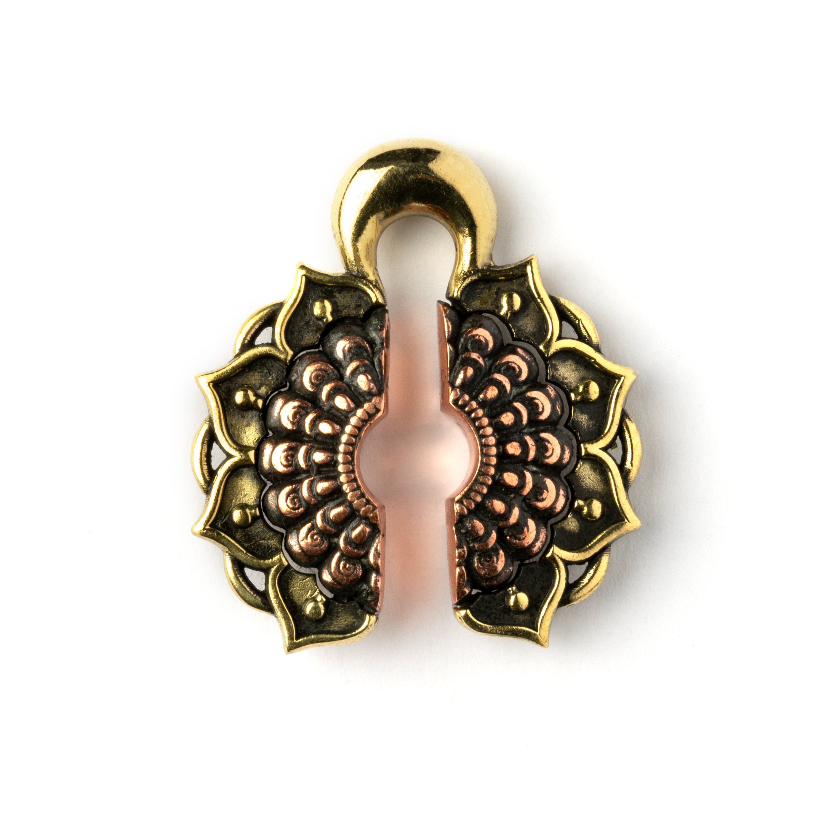 single gold brass ear weight hanger open flower shaped frontal view