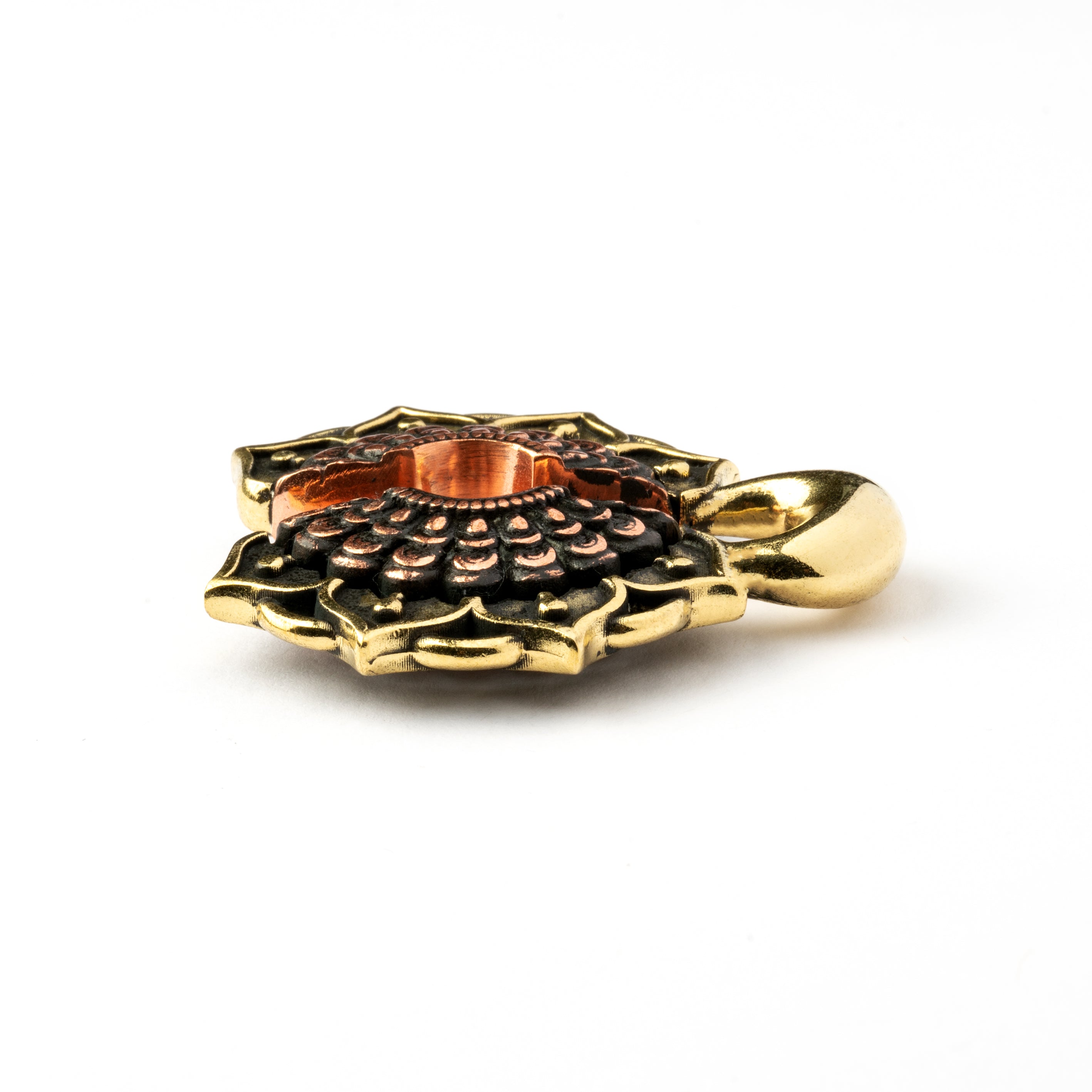 single gold brass ear weight hanger open flower shaped side close up view