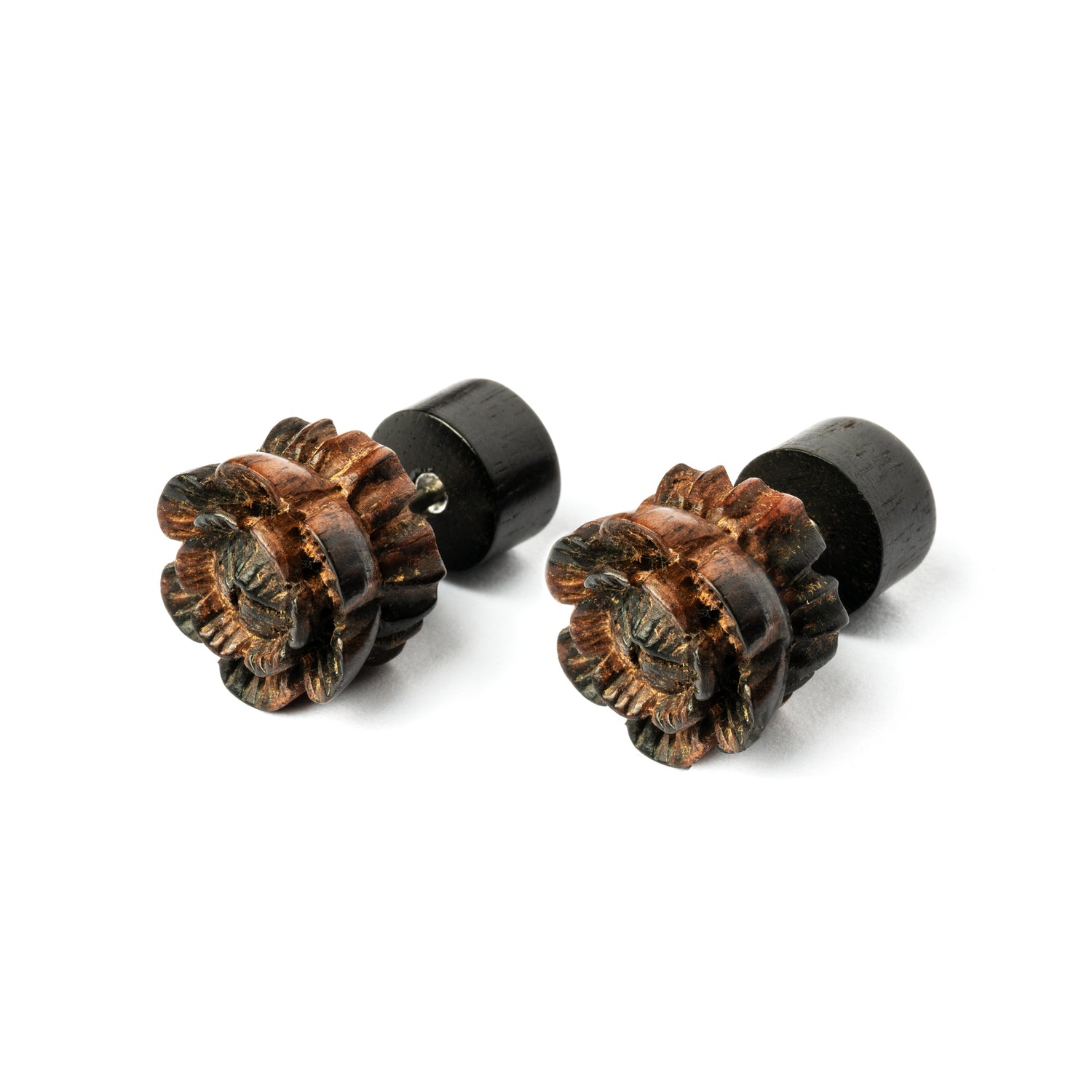 pair of wood flower fake gauge plug earrings right side view
