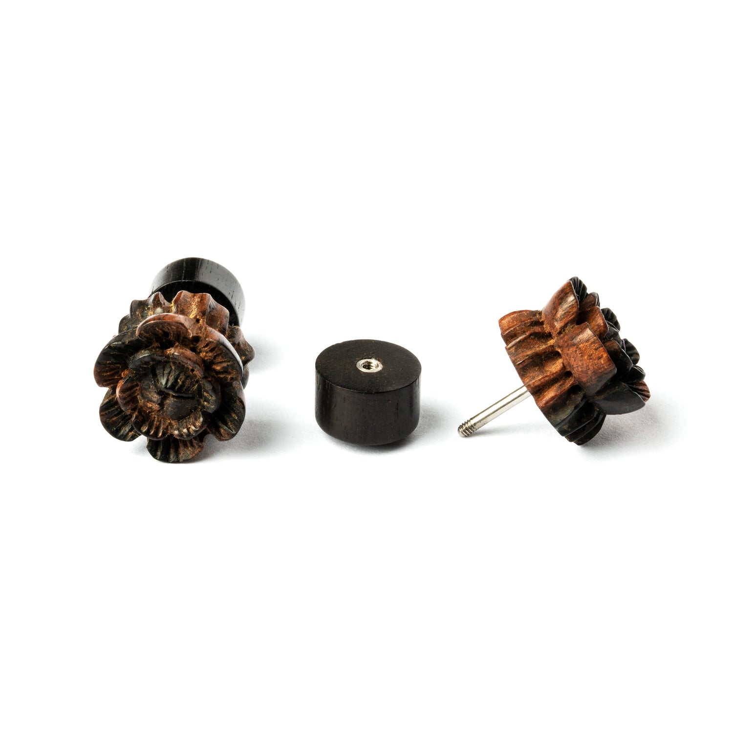 pair of wood flower fake gauge plug earrings front and closure view