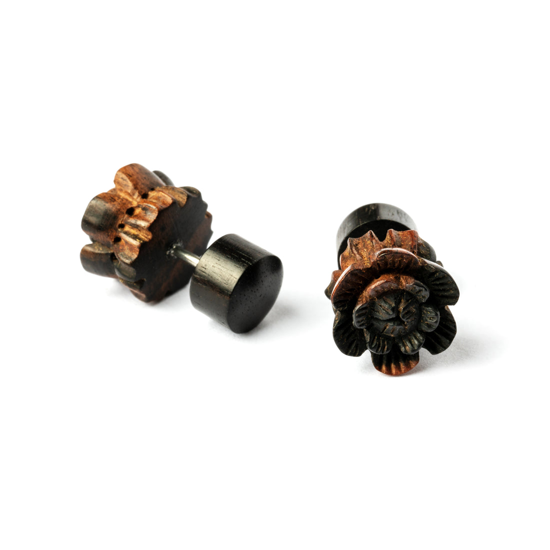 pair of wood flower fake gauge plug earrings front and side view