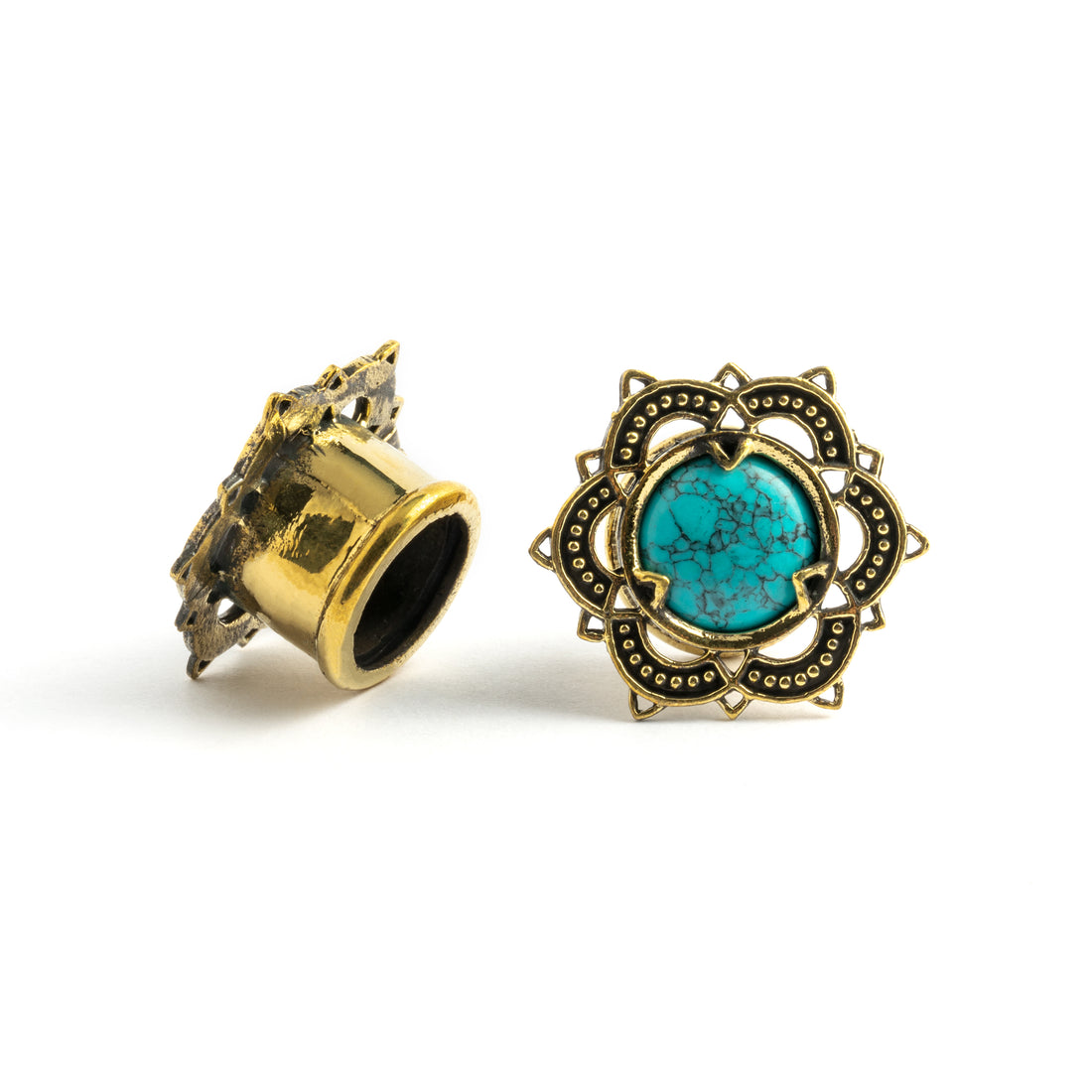 Flower Mandala brass plugs with Turquoise front and back view