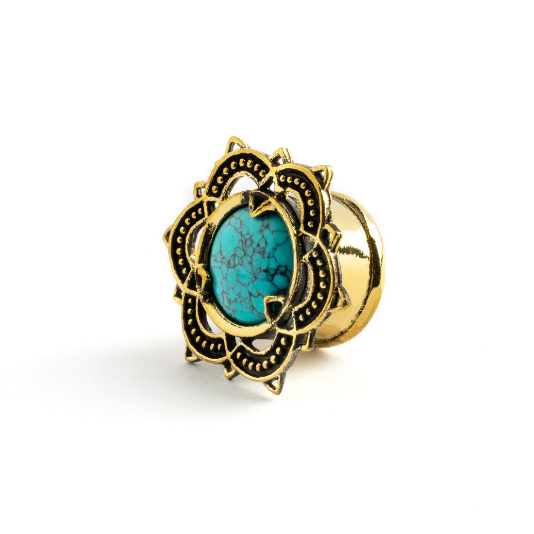Flower Mandala brass plug with Turquoise right side view