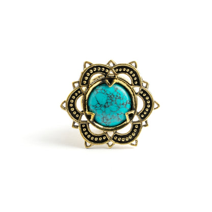 Flower Mandala brass plug with Turquoise frontal view