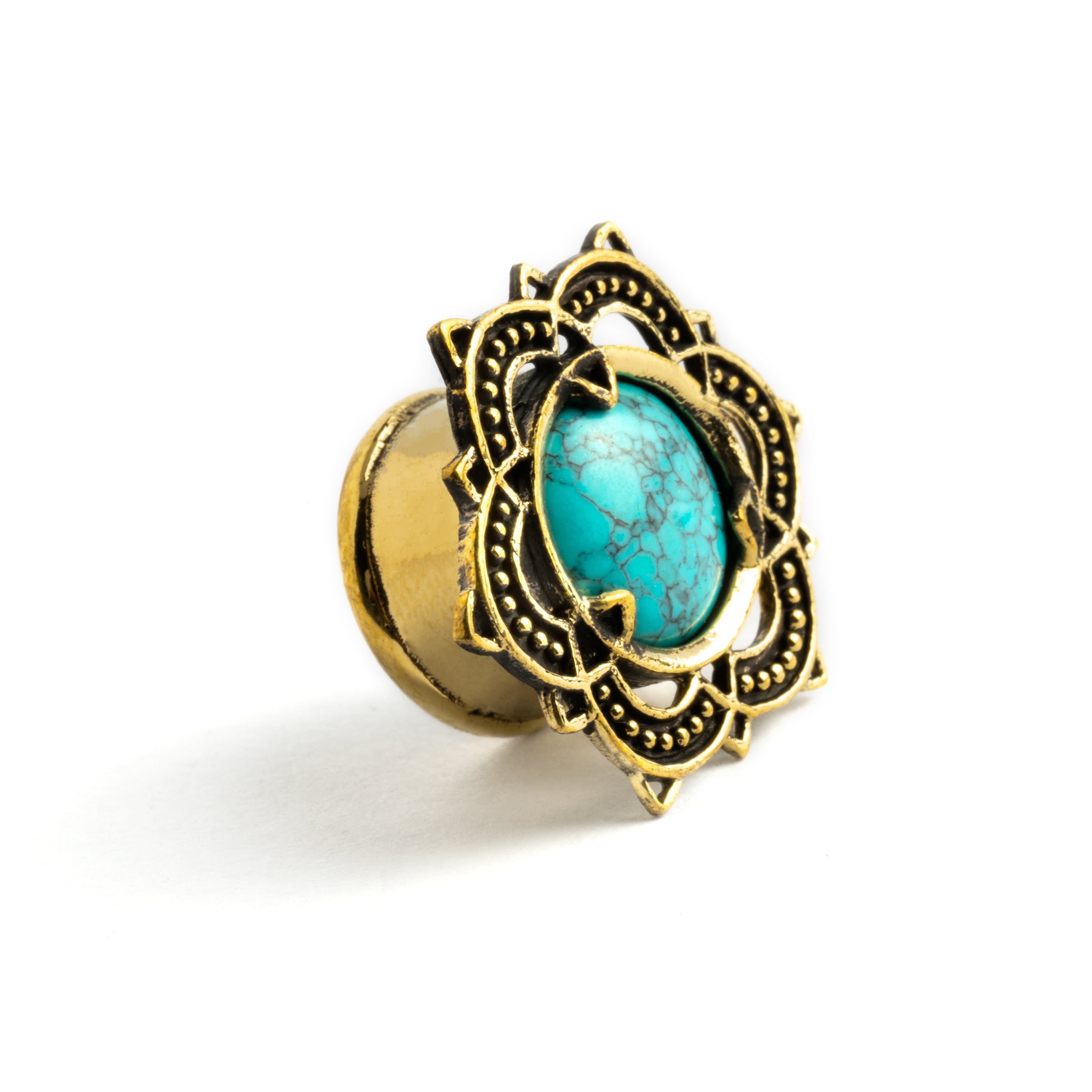 Flower Mandala brass plug with Turquoise left side view