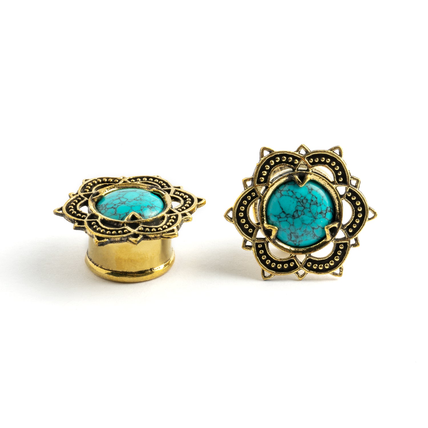 Flower Mandala brass plugs with Turquoise front and side view