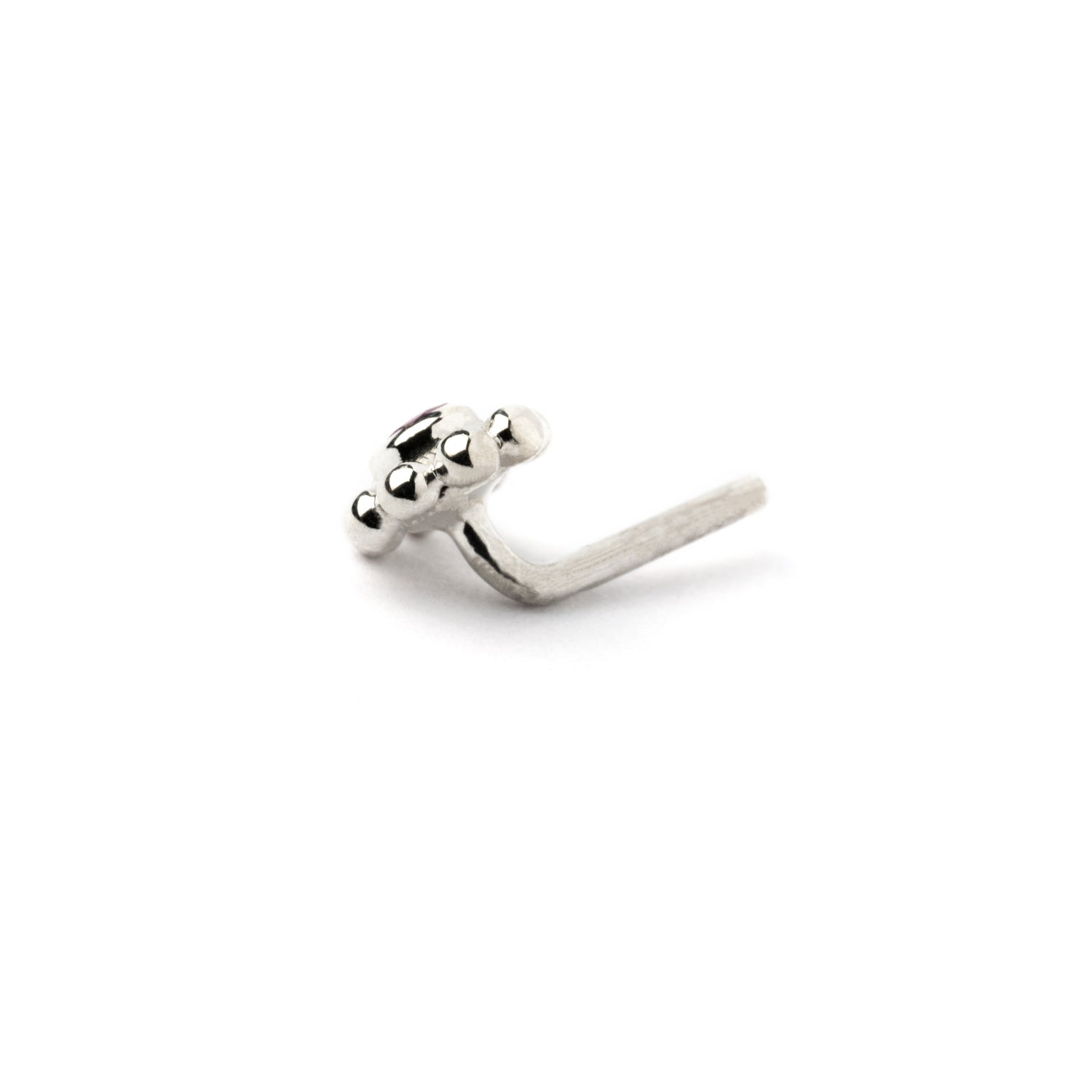 silver Flower Nose Stud with Ruby back view