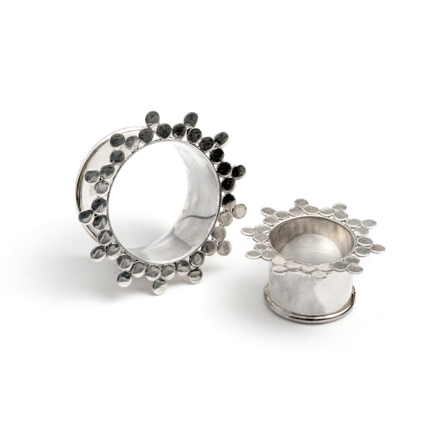 two silver spheres flower ear tunnels front and side view